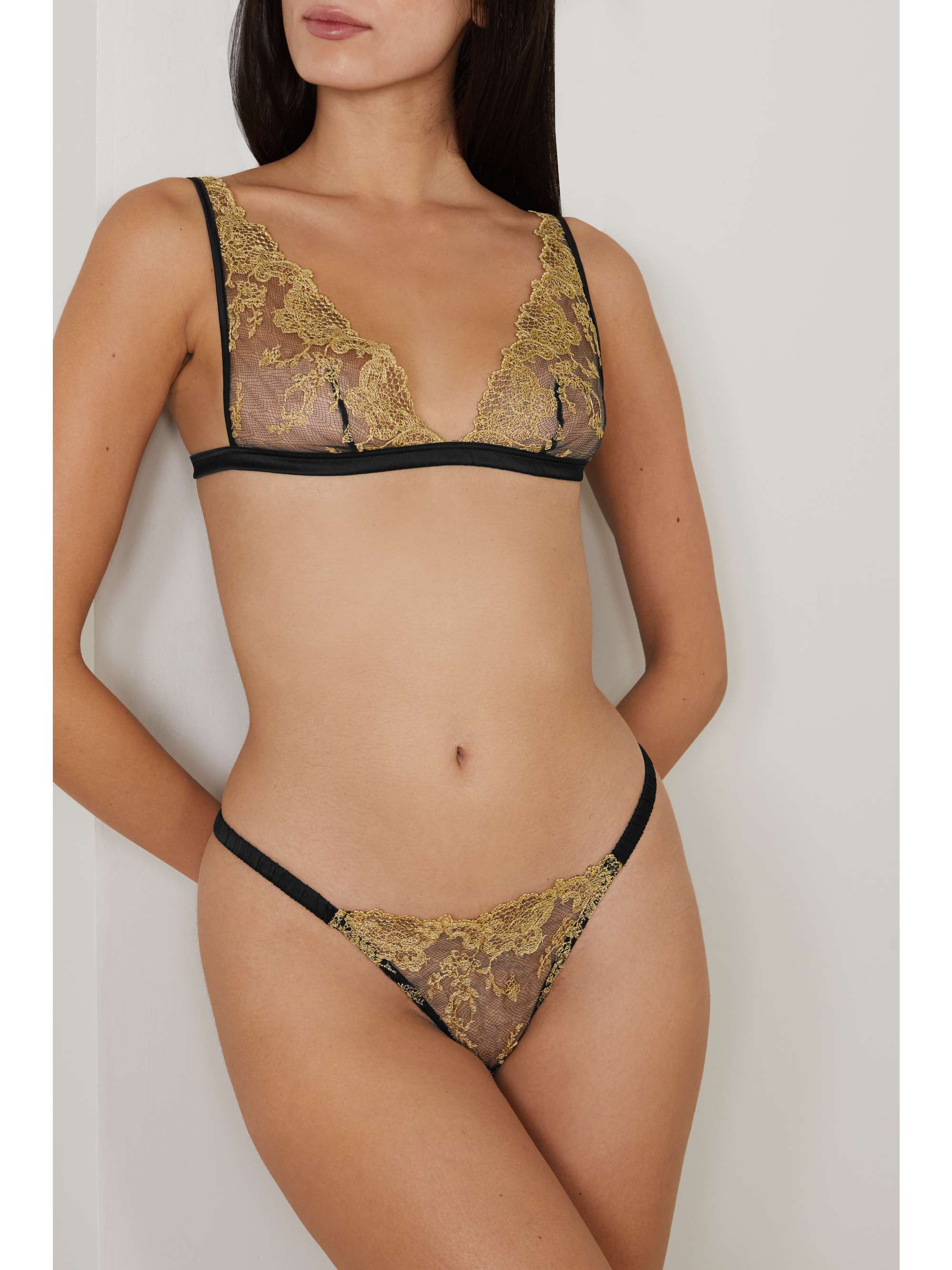 COCO DE MER Olympia satin-trimmed metallic embroidered tulle briefs