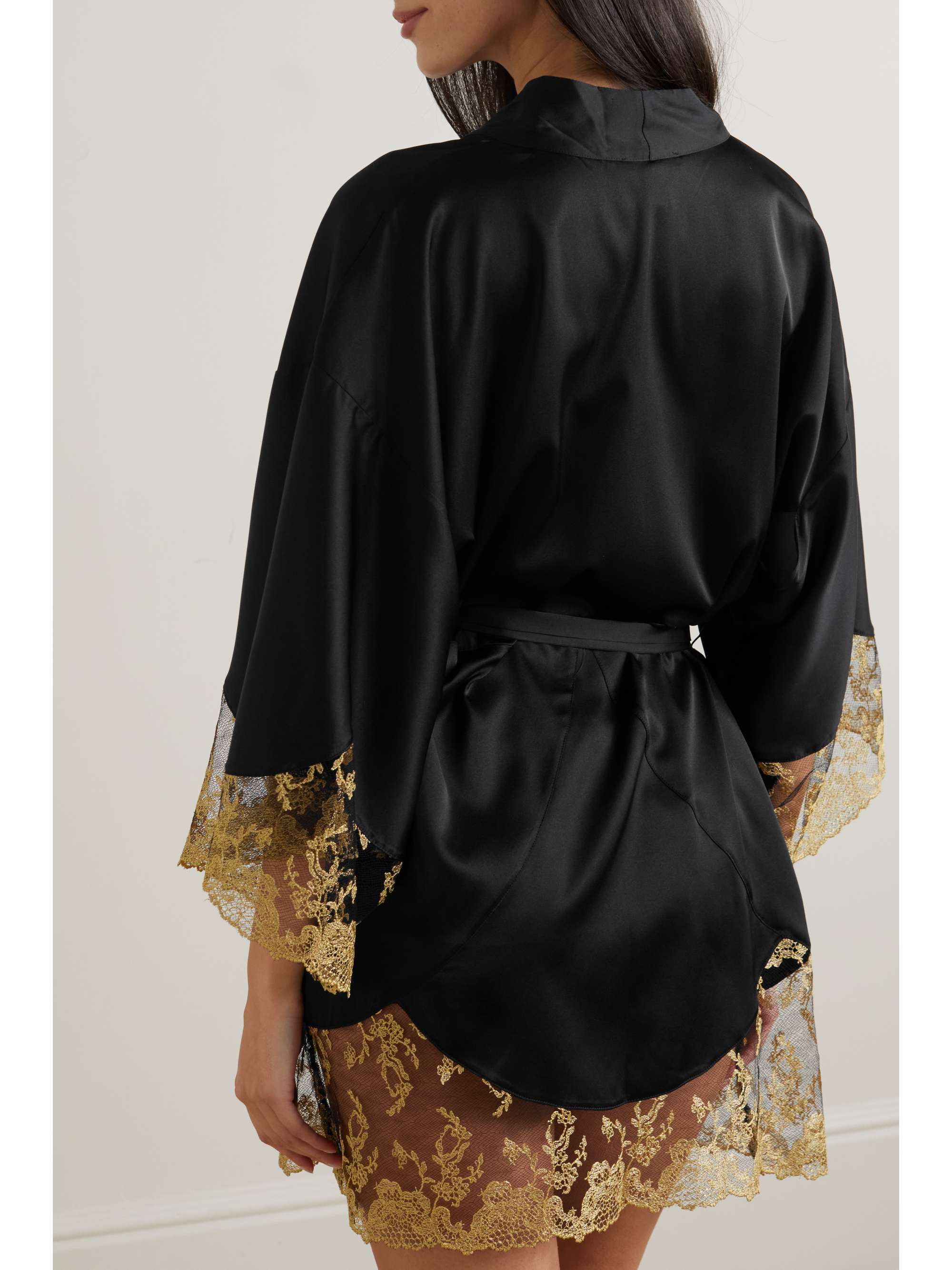 COCO DE MER Olympia metallic embroidered tulle-trimmed satin robe