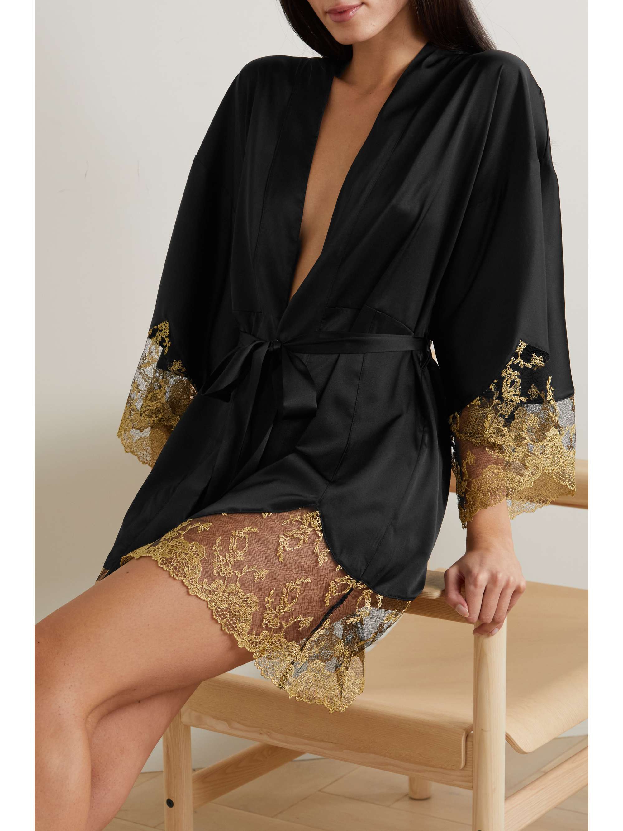 COCO DE MER Olympia metallic embroidered tulle-trimmed satin robe
