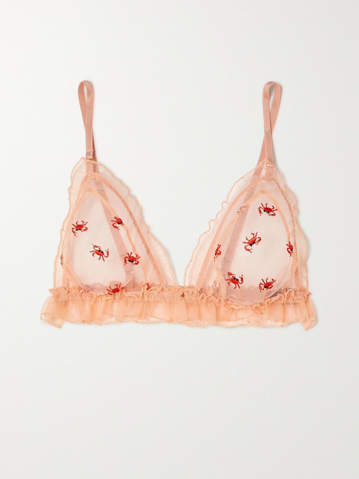 Le Petit Trou - Crabe Ruffled Embroidered Recycled-tulle Soft-cup Triangle Bra - Orange