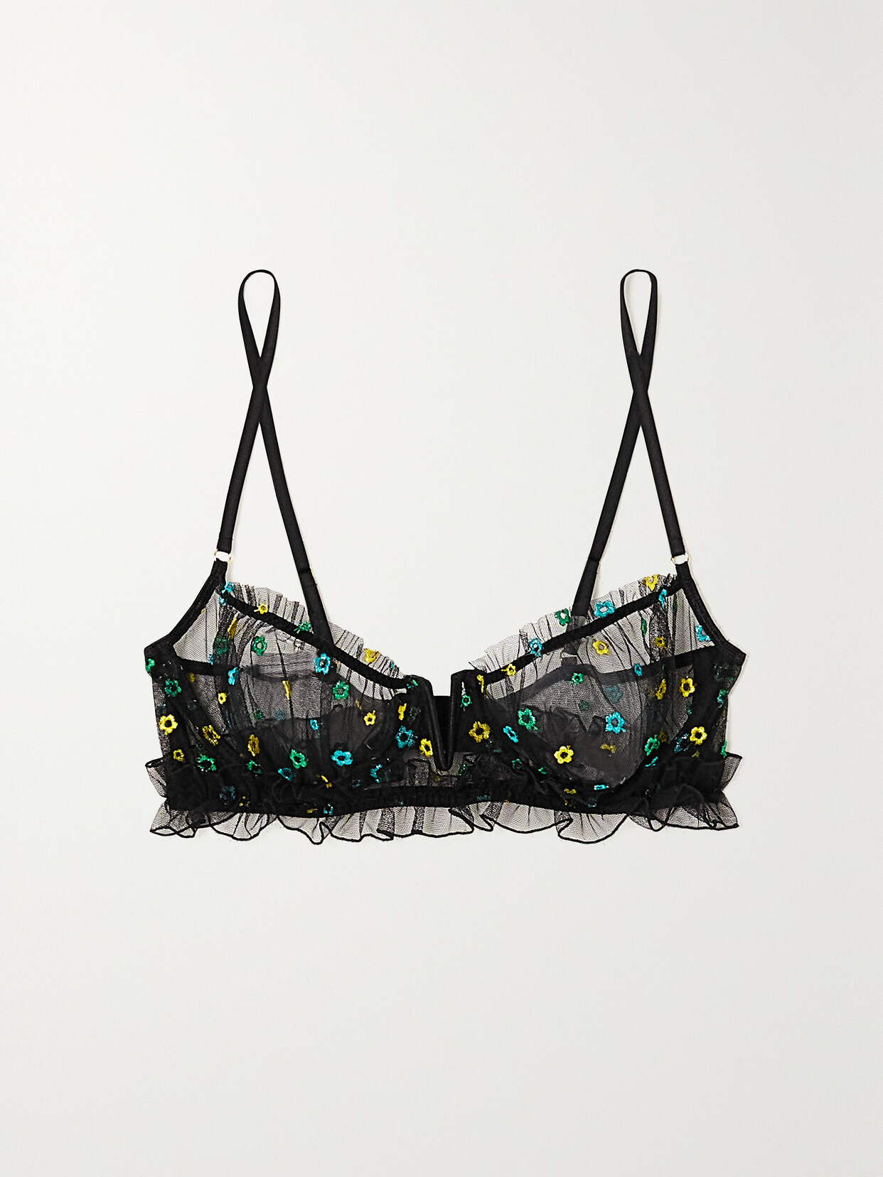 Le Petit Trou - Jardin Ruffled Embroidered Recycled-tulle Underwired Bra - Black