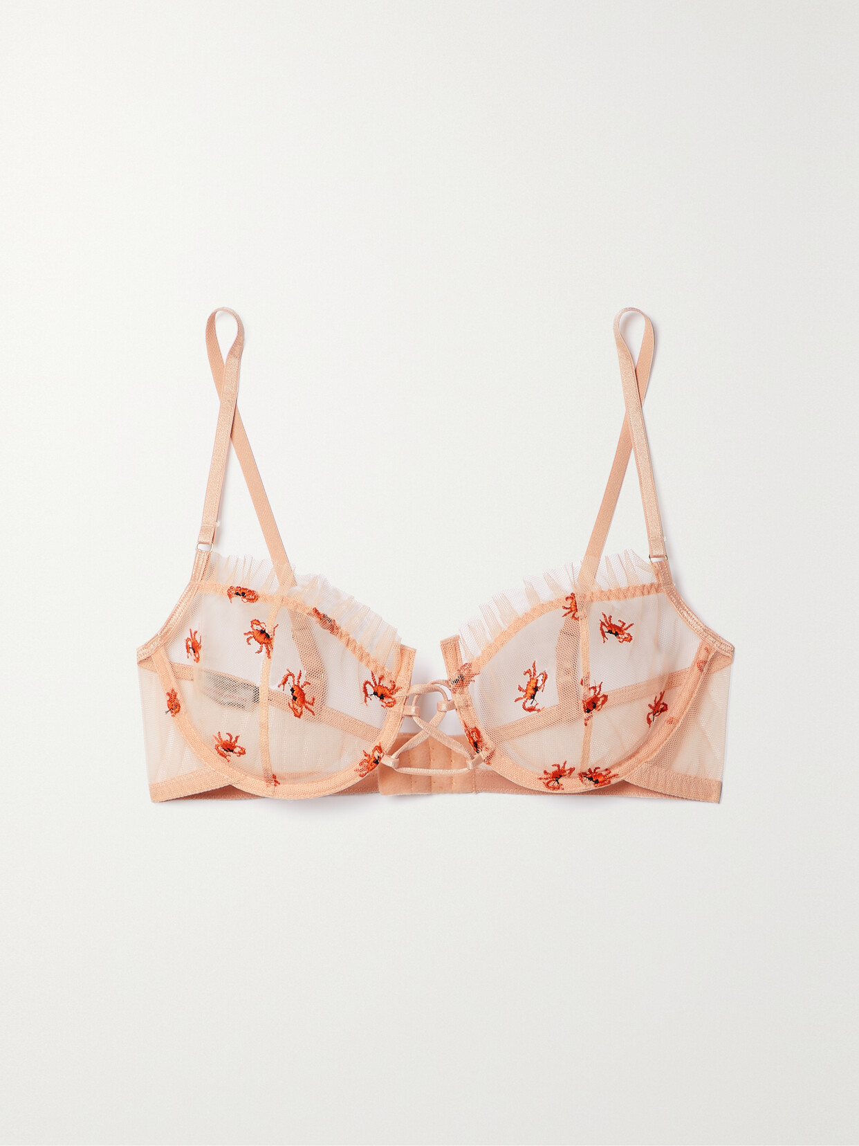 Le Petit Trou - Crabe Ruffled Embroidered Recycled-tulle Underwired Soft-cup Bra - Orange