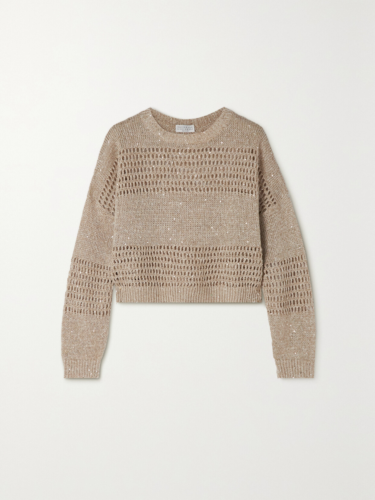 Brunello Cucinelli - Cropped Sequin-embellished Open-knit Linen-blend Sweater - Brown