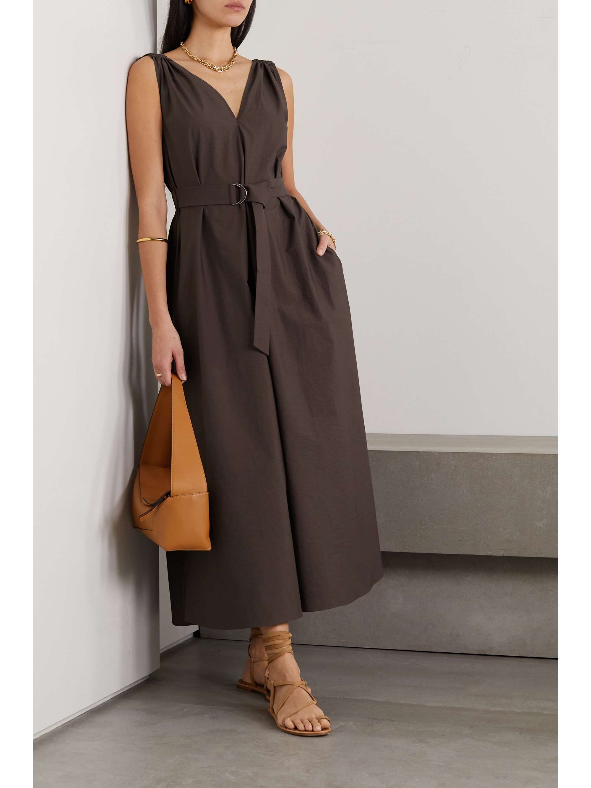 Belted cotton-blend poplin midi dress