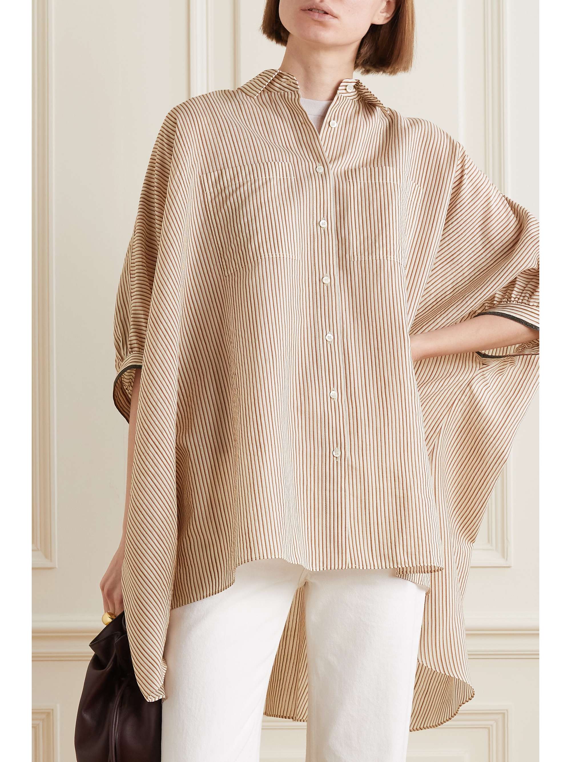 BRUNELLO CUCINELLI Bead-embellished metallic striped cotton-blend blouse