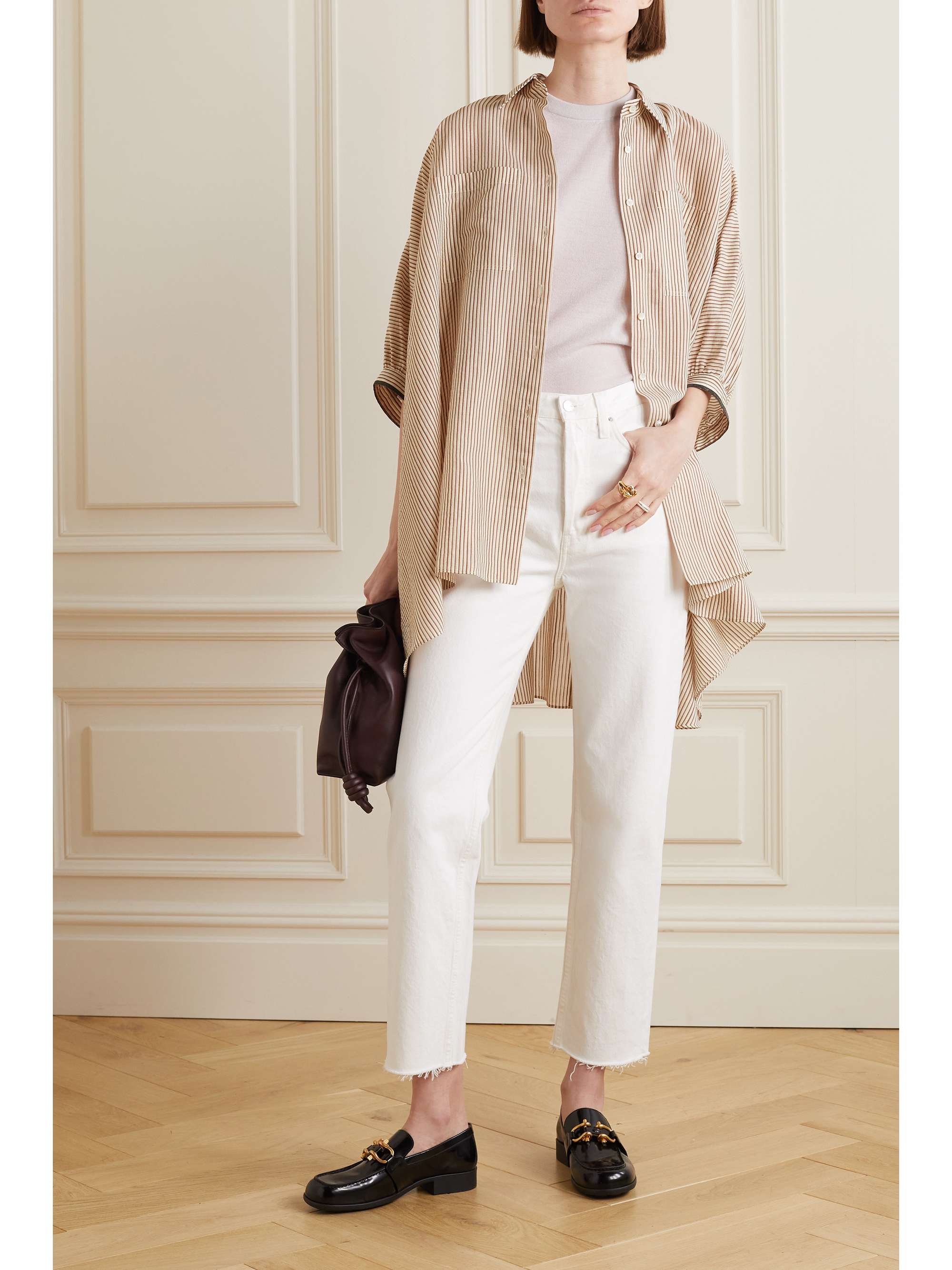 BRUNELLO CUCINELLI Bead-embellished metallic striped cotton-blend blouse