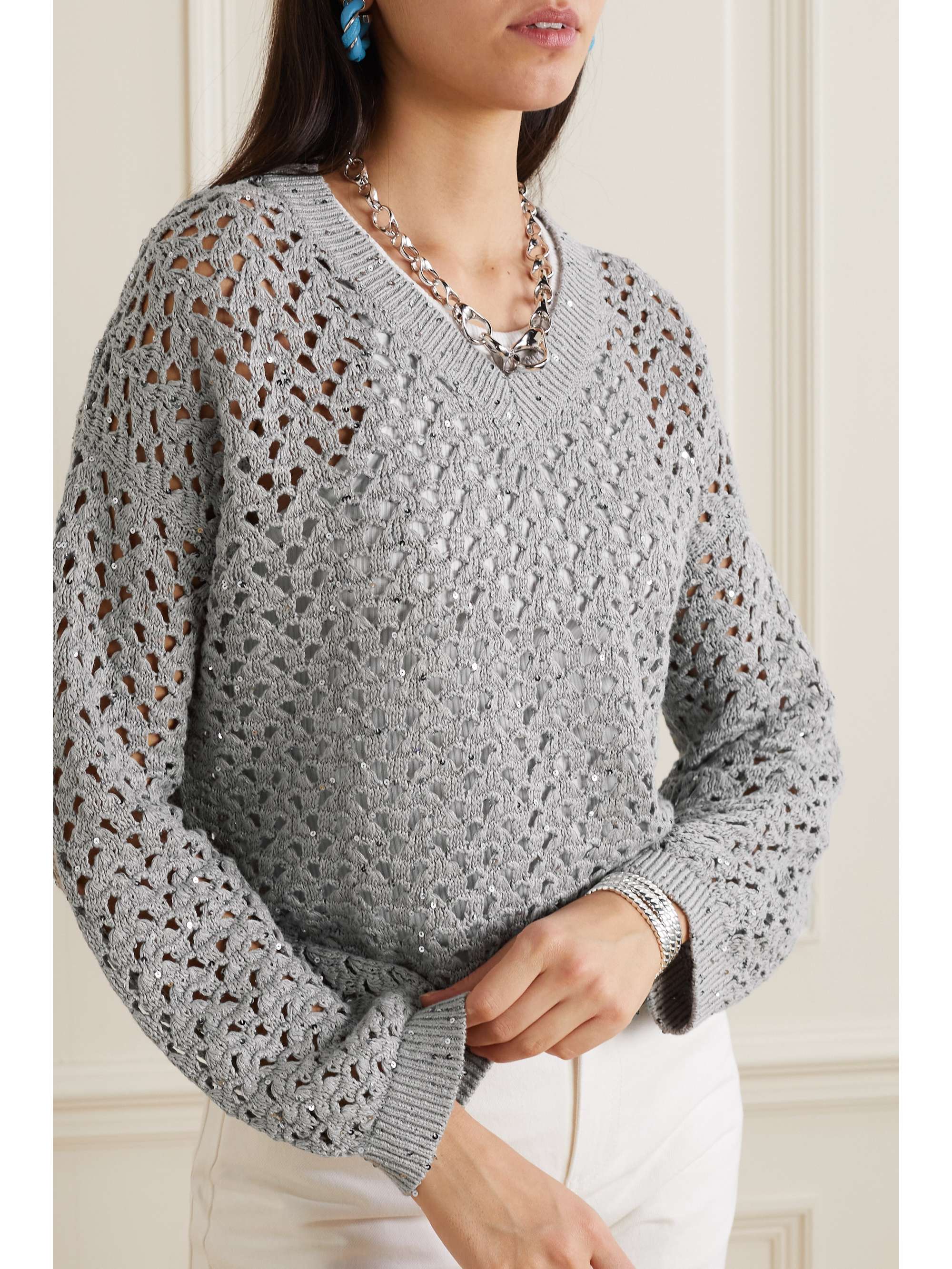 BRUNELLO CUCINELLI Dazzling Net sequin-embellished cotton, linen and silk-blend sweater