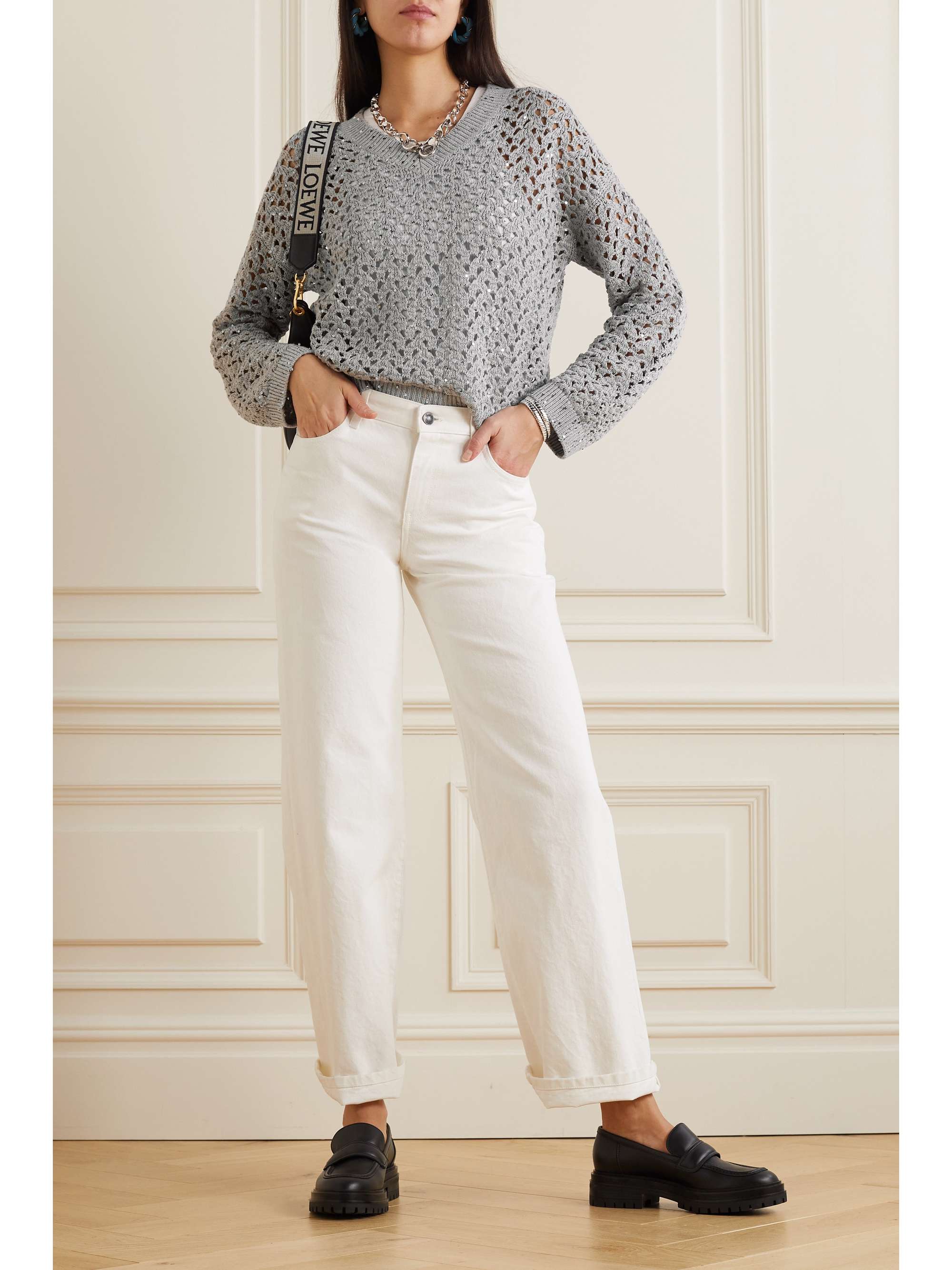BRUNELLO CUCINELLI Dazzling Net sequin-embellished cotton, linen and silk-blend sweater