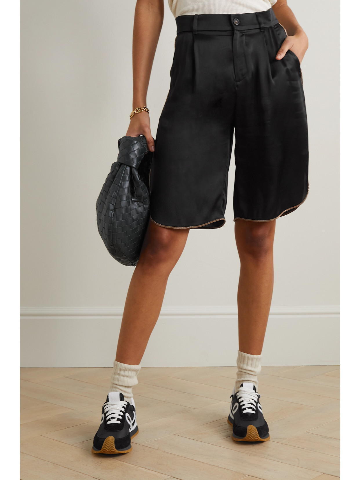 Shop Brunello Cucinelli Embellished Satin Shorts In Black