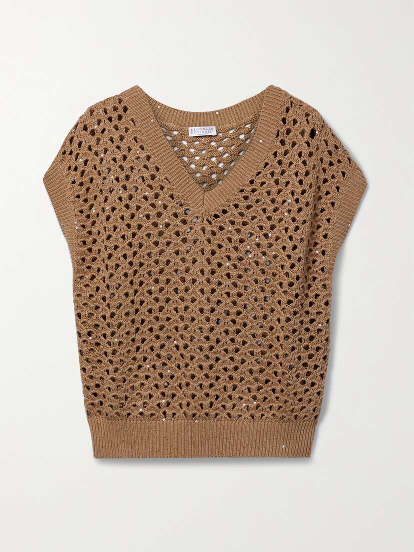 Brunello Cucinelli Dazzling Net Embellished Open-knit Cotton, Linen And Silk-blend Vest