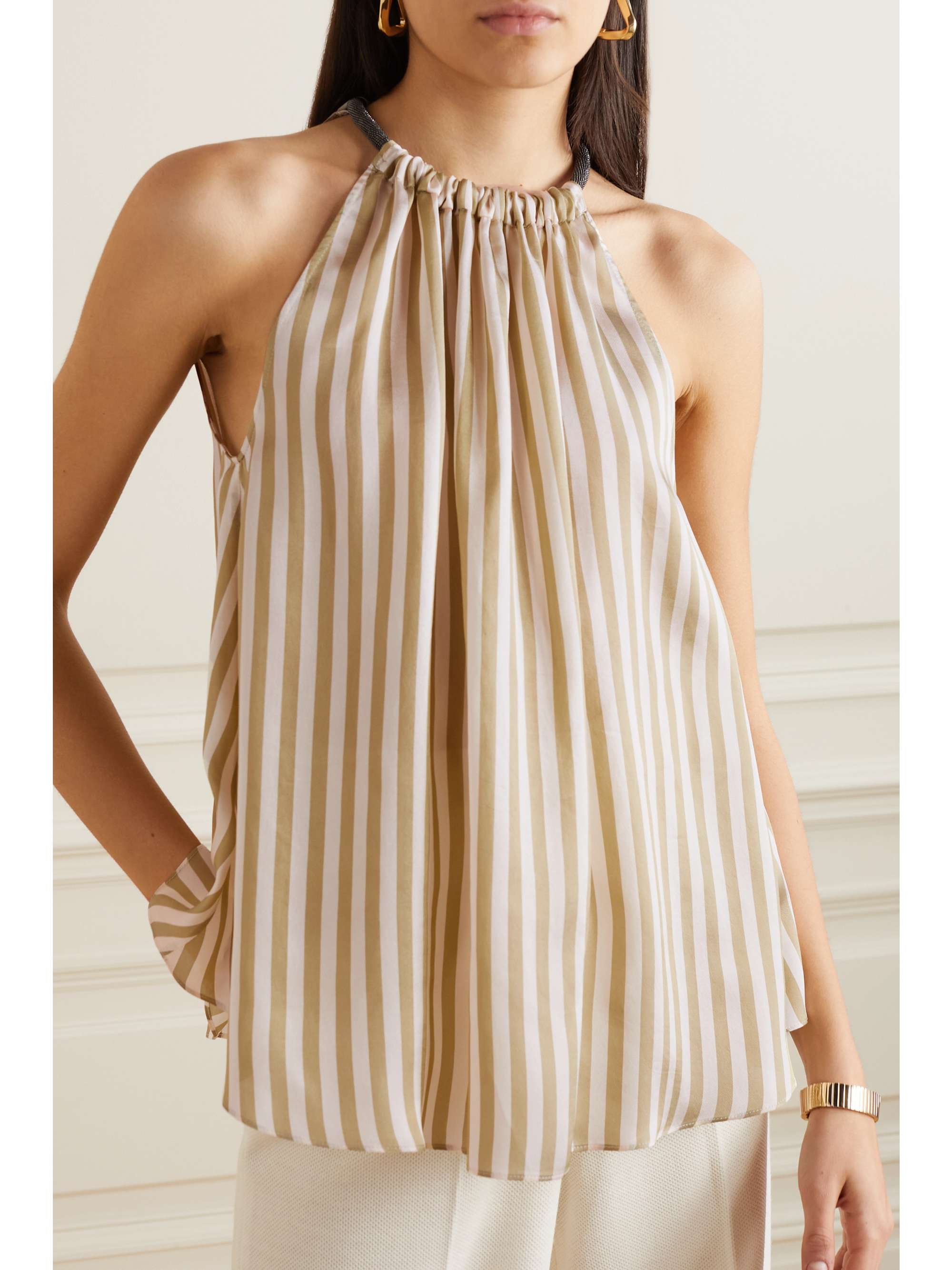 BRUNELLO CUCINELLI Bead-embellished striped duchesse-satin top