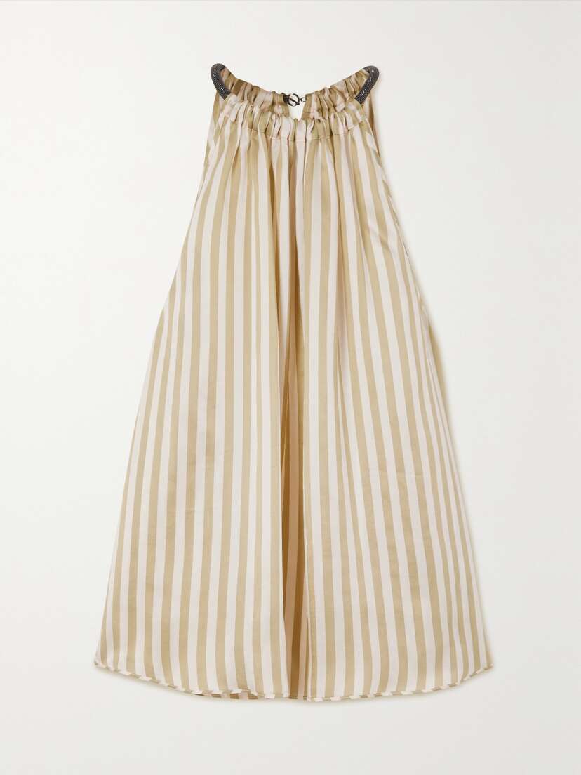Brunello Cucinelli Bead-embellished Striped Duchesse-satin Top