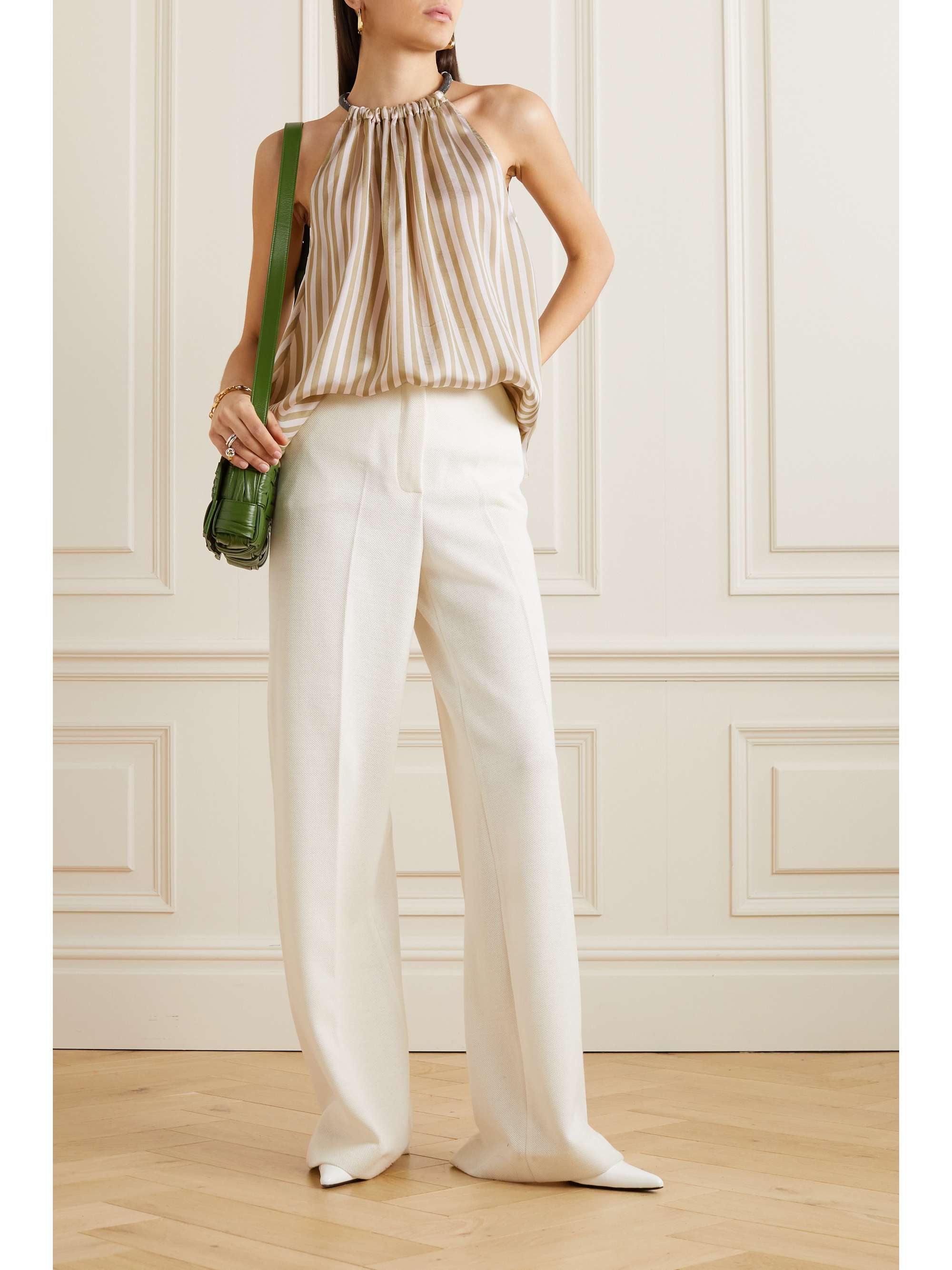BRUNELLO CUCINELLI Bead-embellished striped duchesse-satin top