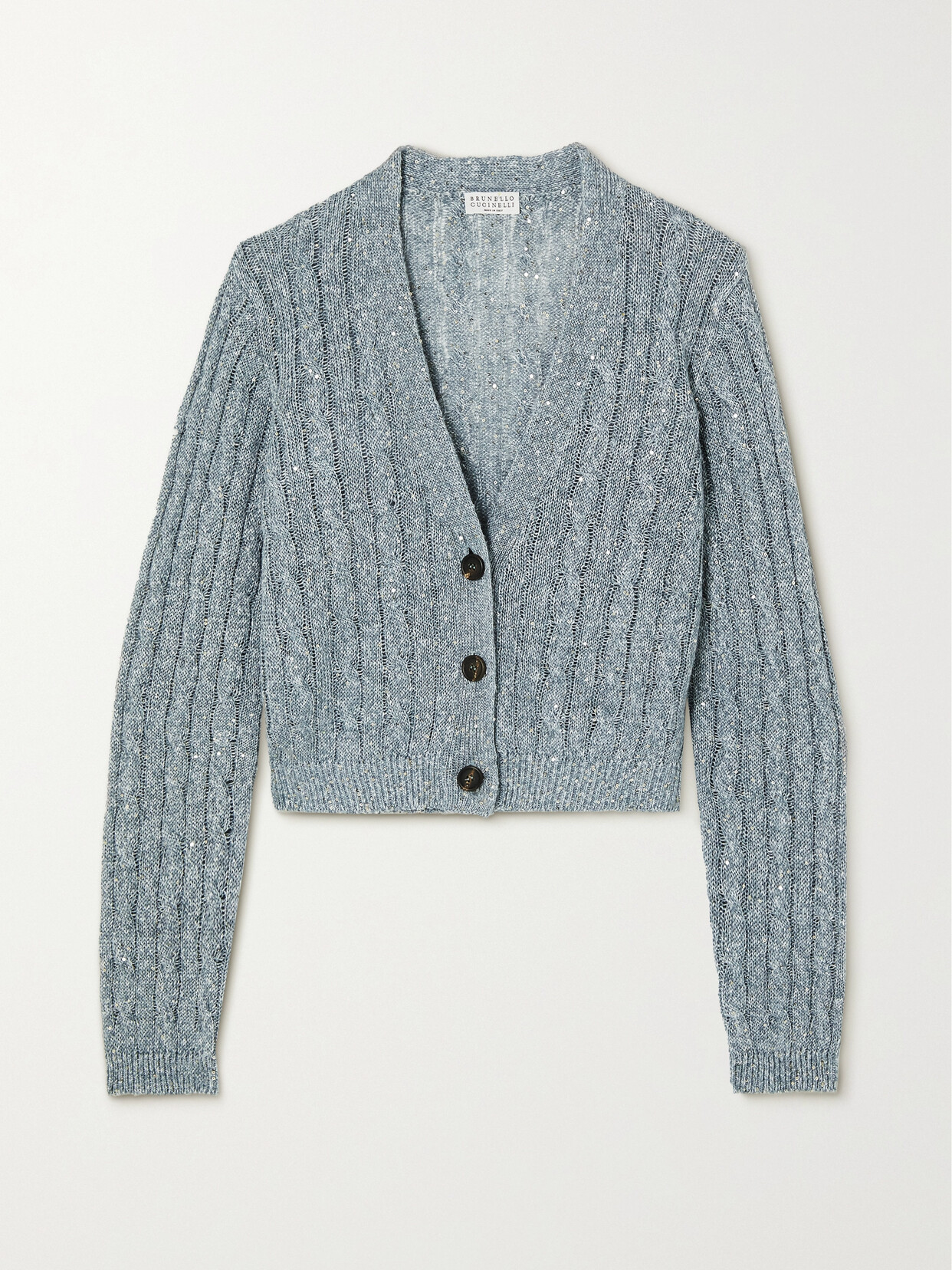 BRUNELLO CUCINELLI SEQUIN-EMBELLISHED CABLE-KNIT LINEN-BLEND CARDIGAN