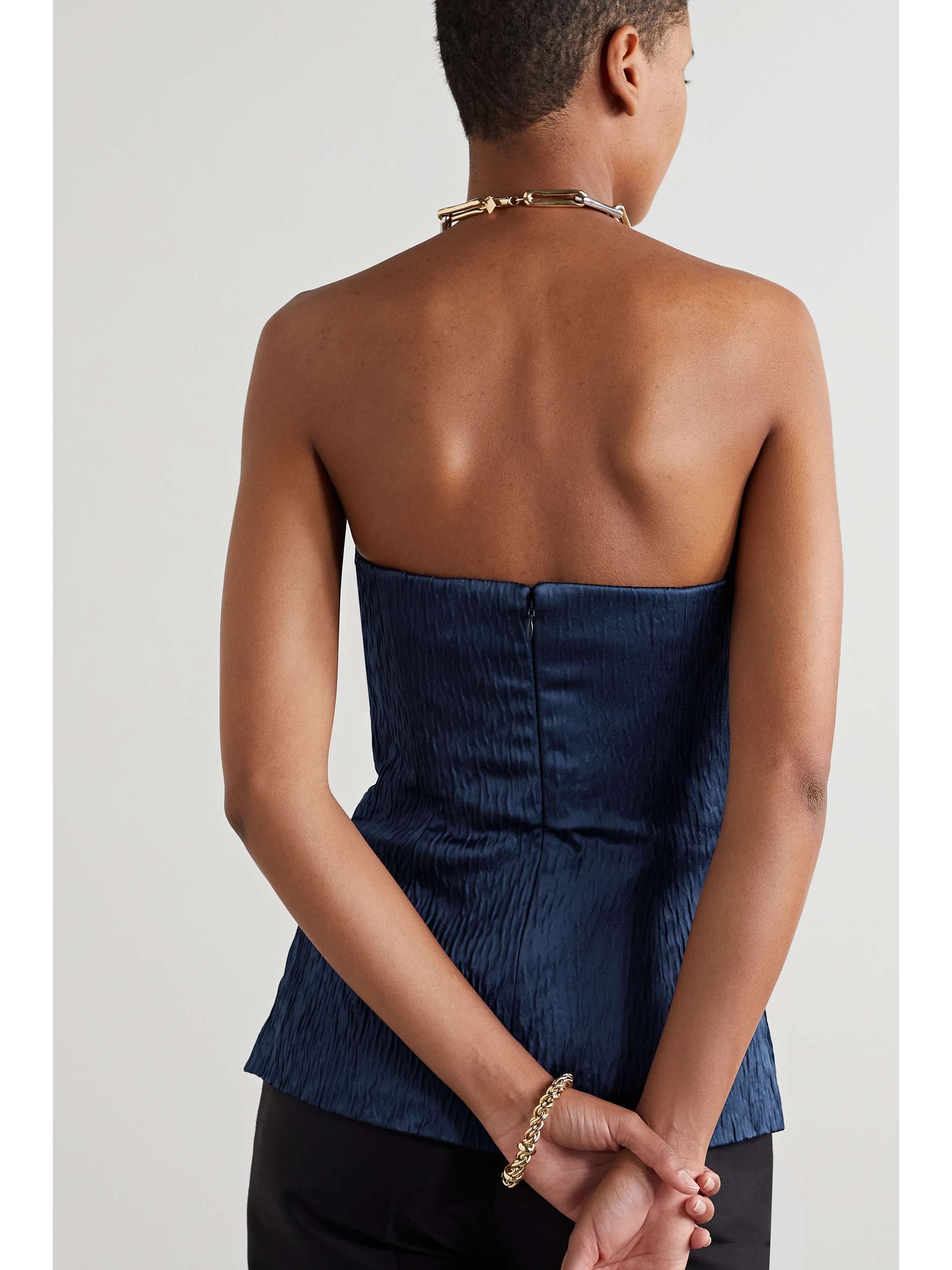 TOVE Ida strapless twist-front crinkled-satin top