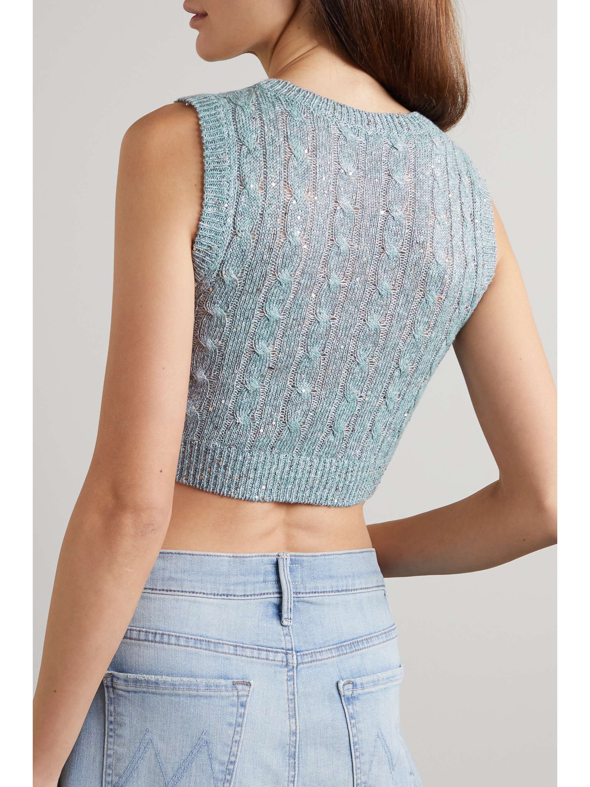 BRUNELLO CUCINELLI Cropped sequin-embellished cable-knit linen-blend vest