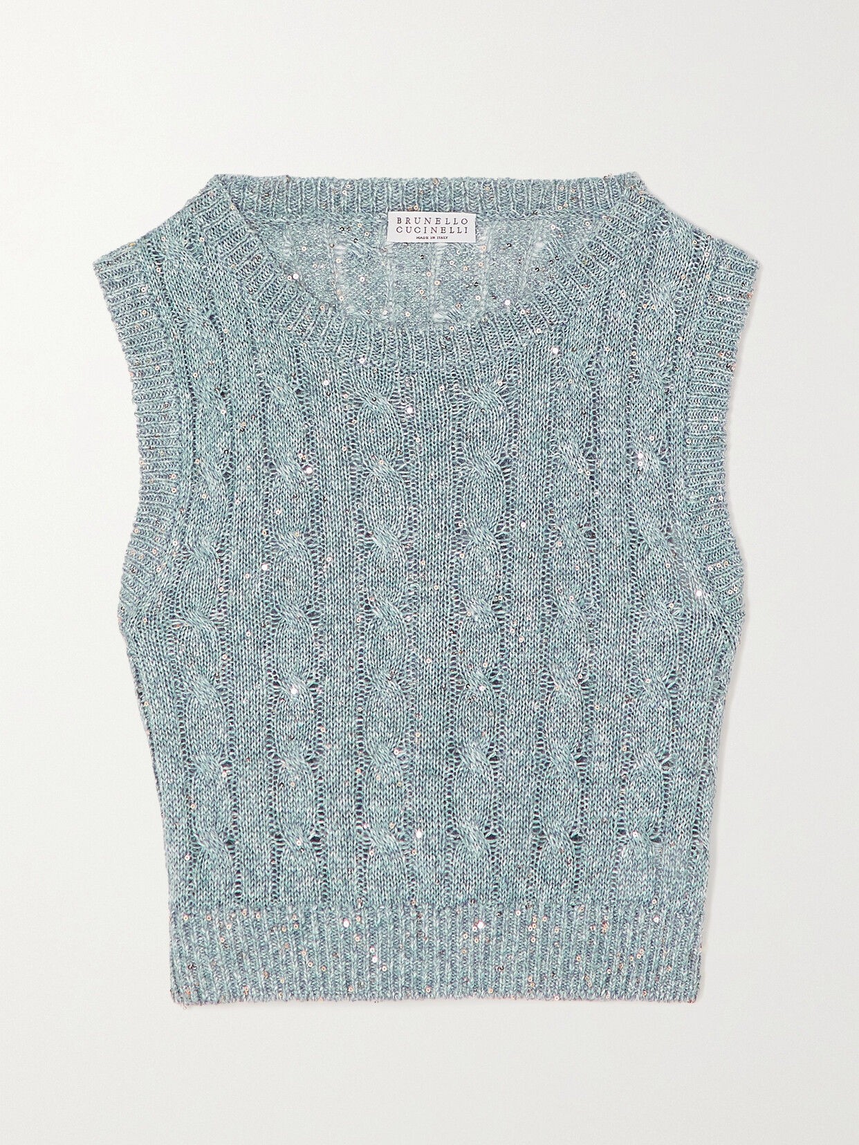 Shop Brunello Cucinelli Cropped Sequin-embellished Cable-knit Linen-blend Vest In Blue