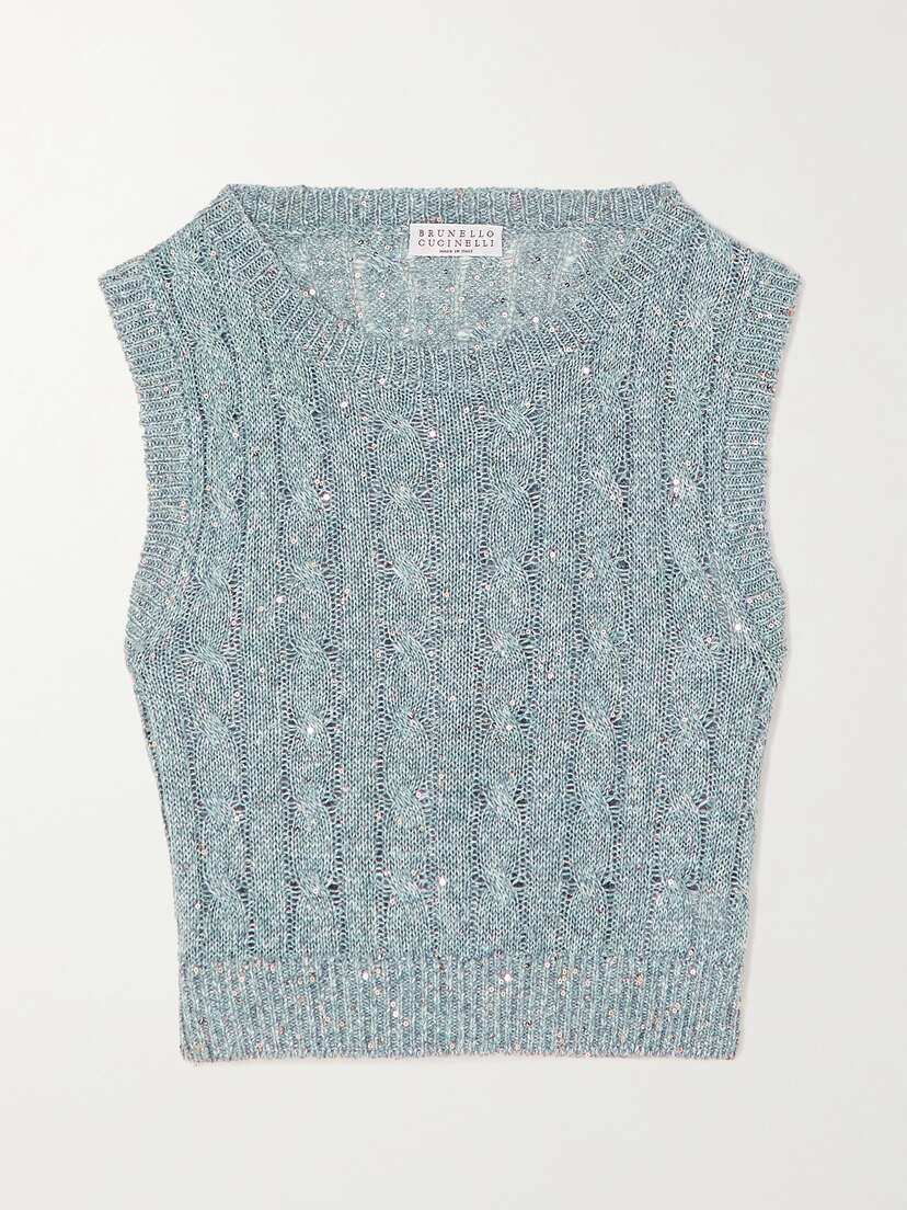 Brunello Cucinelli Cropped Sequin-embellished Cable-knit Linen-blend Vest