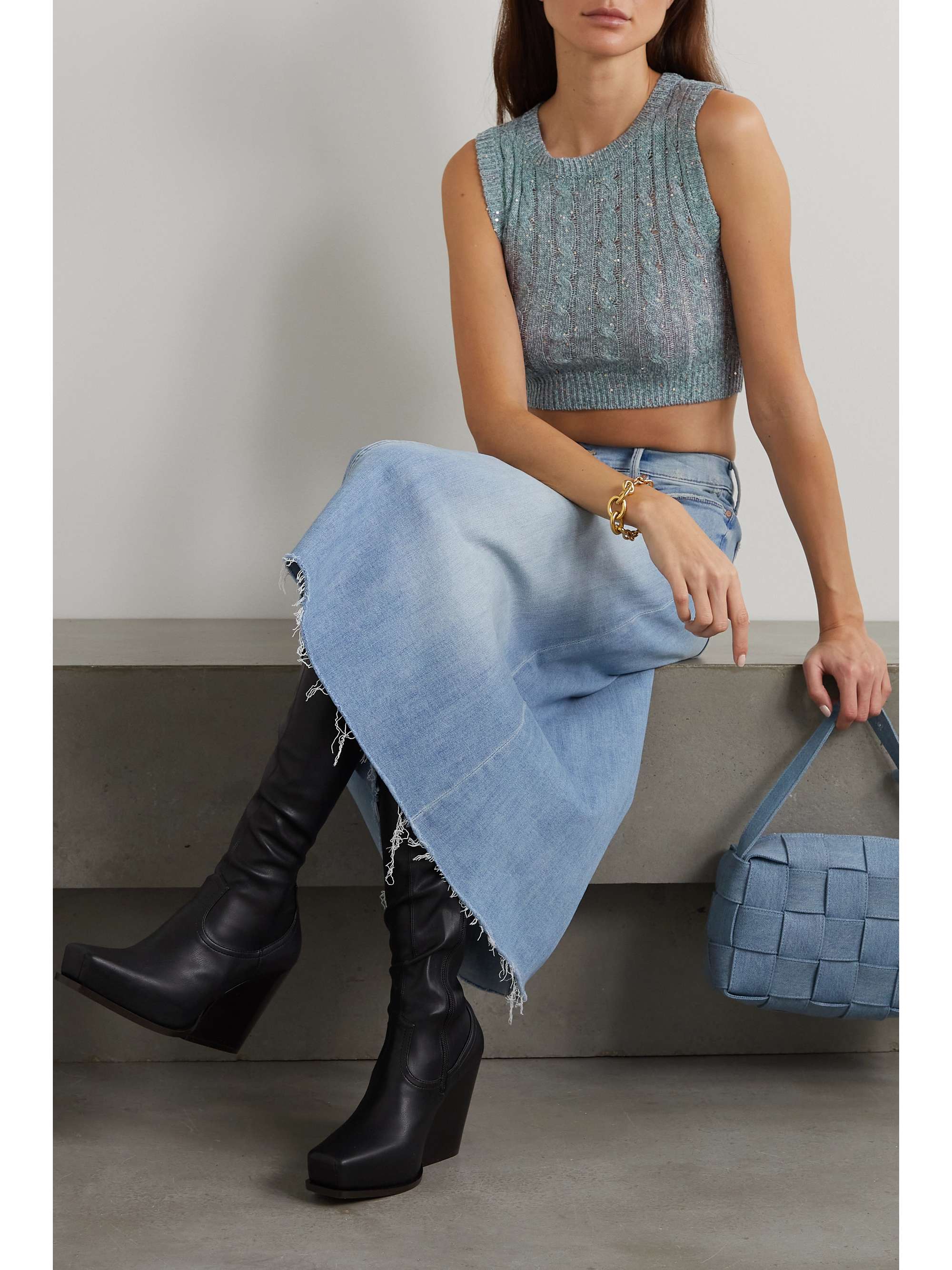 BRUNELLO CUCINELLI Cropped sequin-embellished cable-knit linen-blend vest