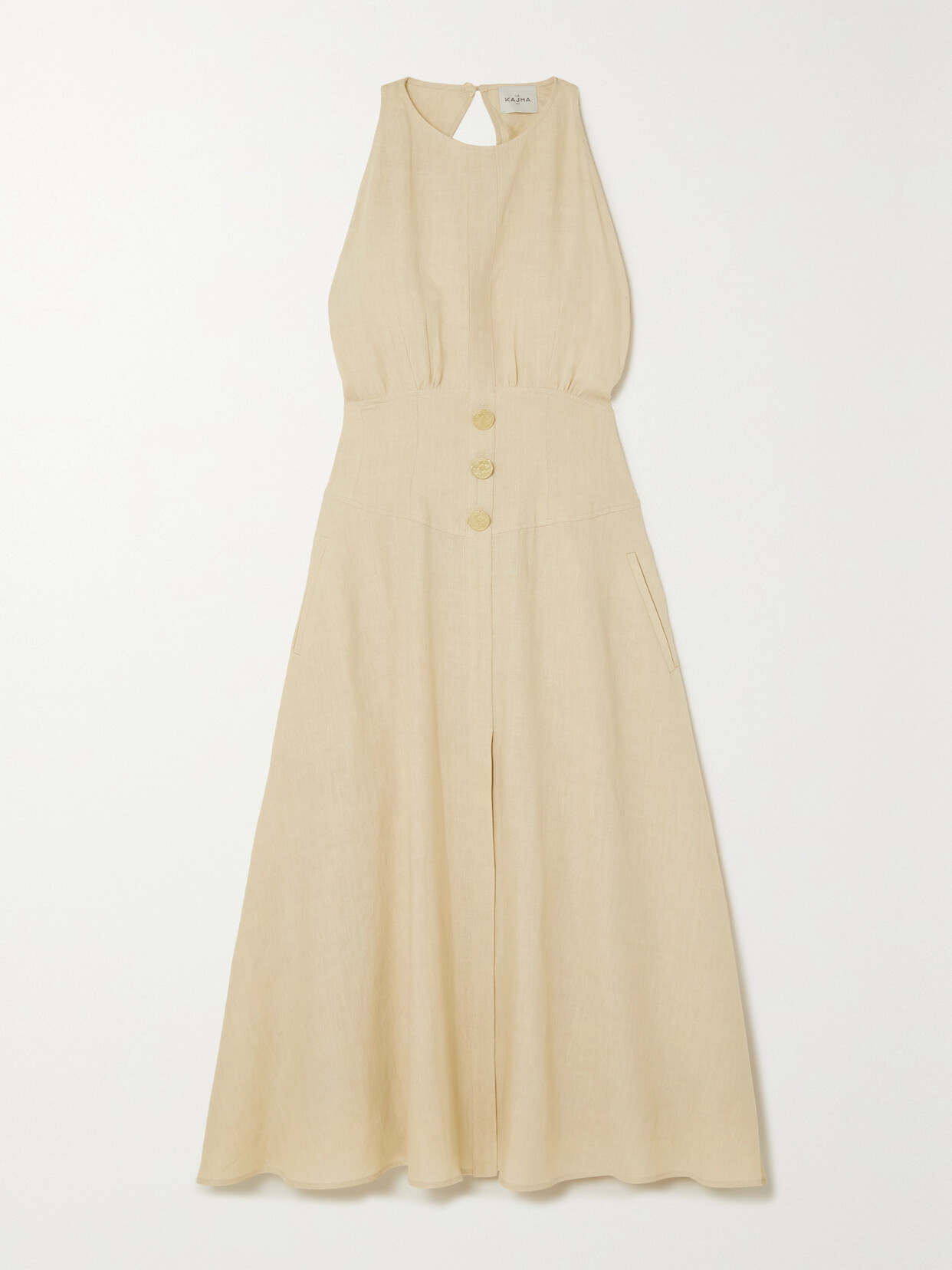 Le Kasha + Net Sustain Jesma Open-back Button-embellished Organic Linen Midi Dress - Neutrals