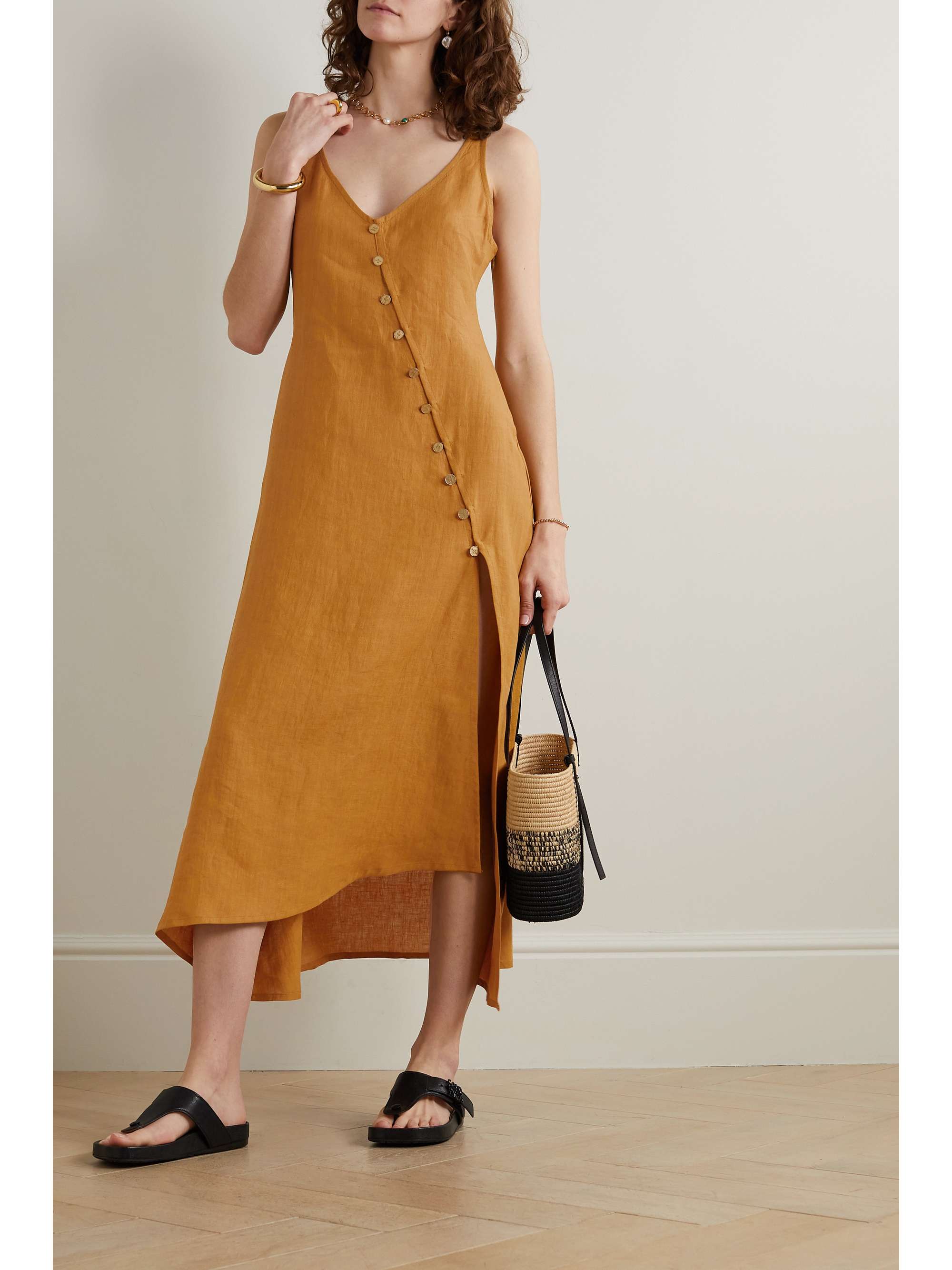 LE KASHA Rafah asymmetric button-embellished linen midi dress