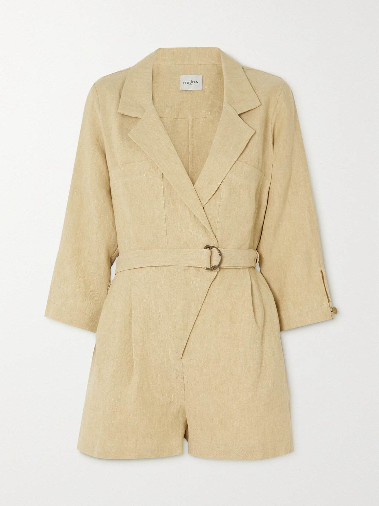 Shop Le Kasha + Net Sustain Dahab Belted Organic Linen Playsuit In Neutrals