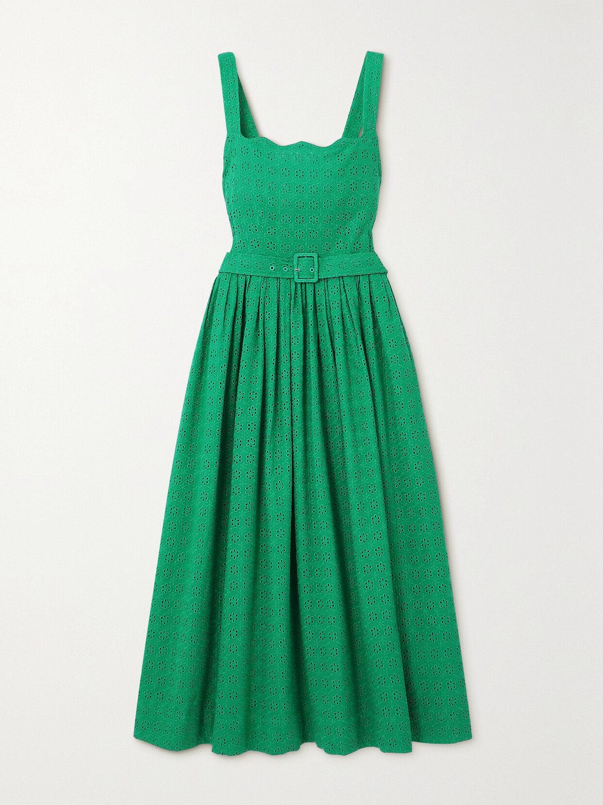 HVN - Allegra Belted Broderie Anglaise Cotton-voile Midi Dress - Green