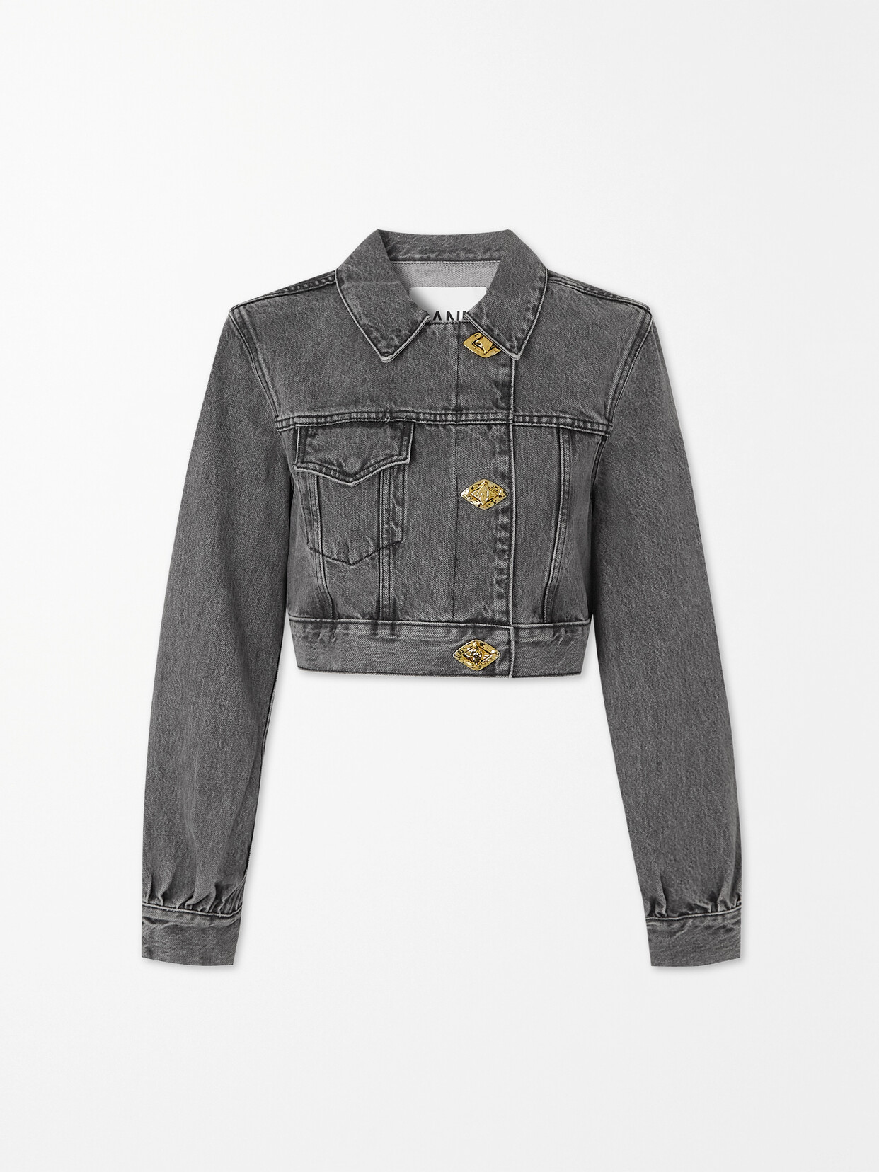 GANNI ASYMMETRIC CROPPED WASHED-DENIM JACKET