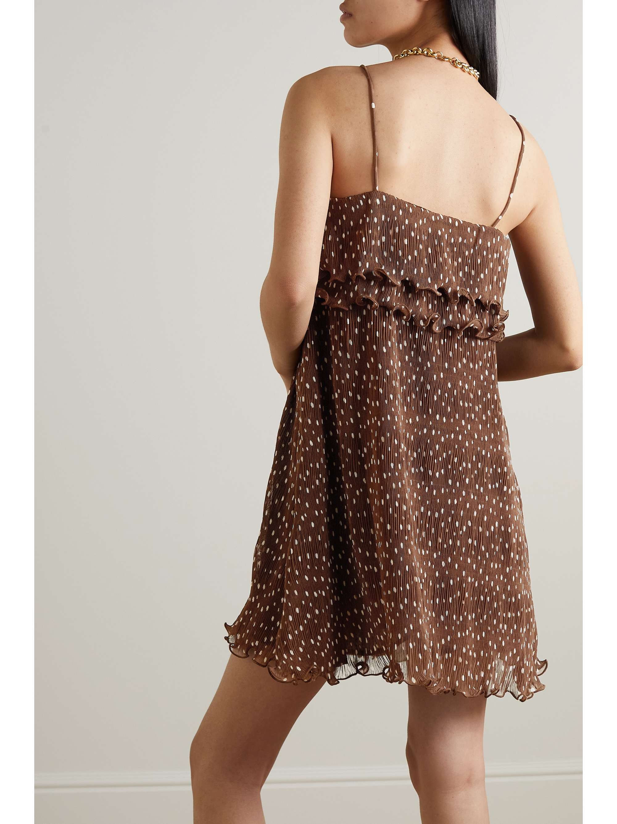 GANNI Polka-dot pleated tiered recycled georgette mini dress