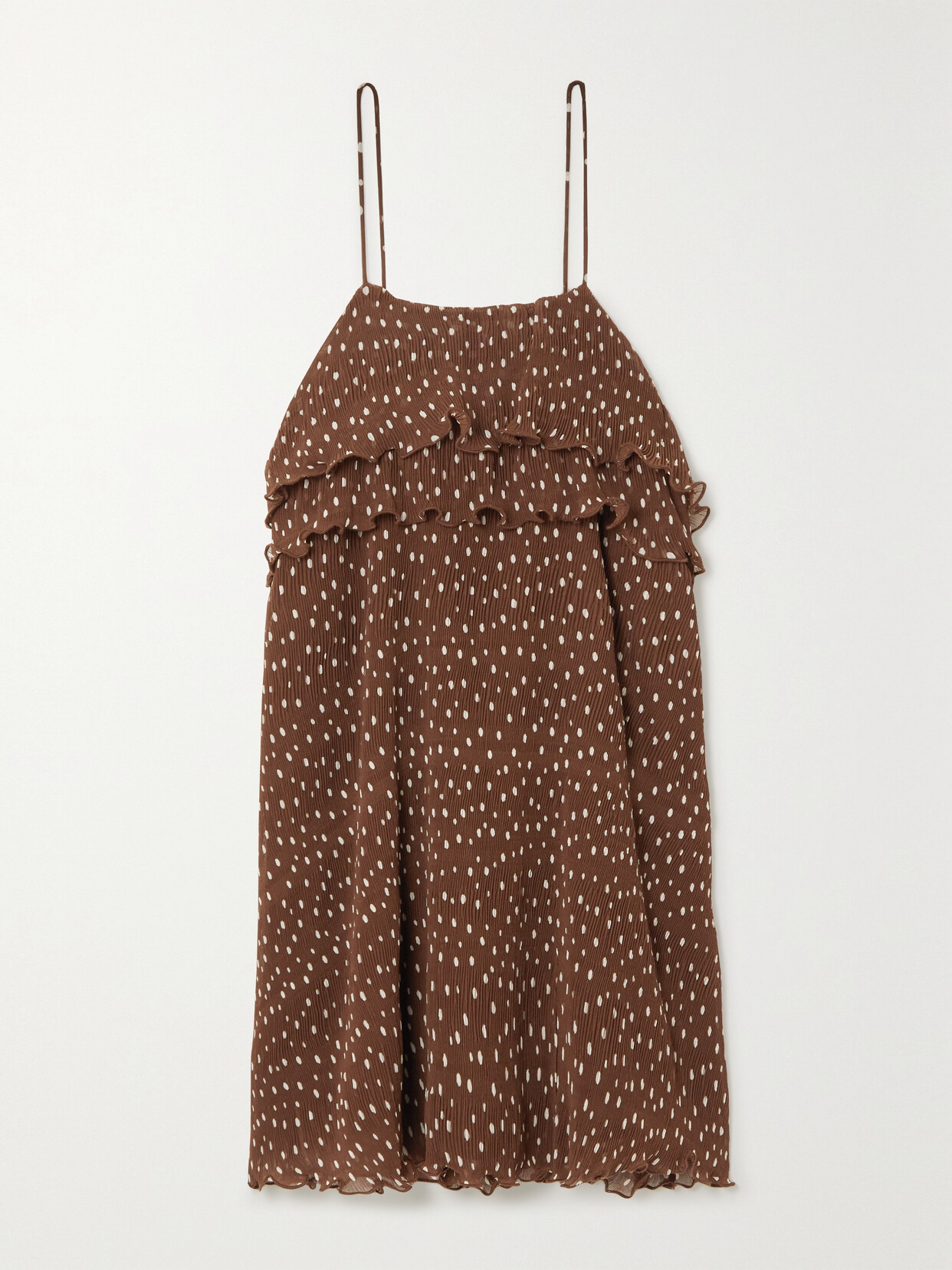 Ganni Polka-dot Pleated Tiered Recycled Georgette Mini Dress In Brown