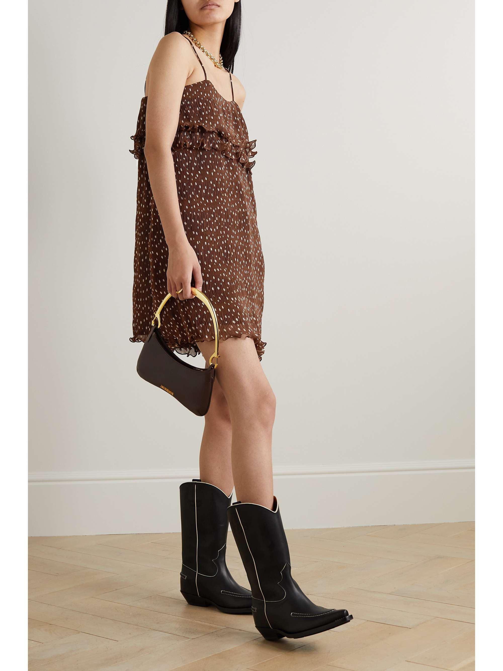GANNI Polka-dot pleated tiered recycled georgette mini dress