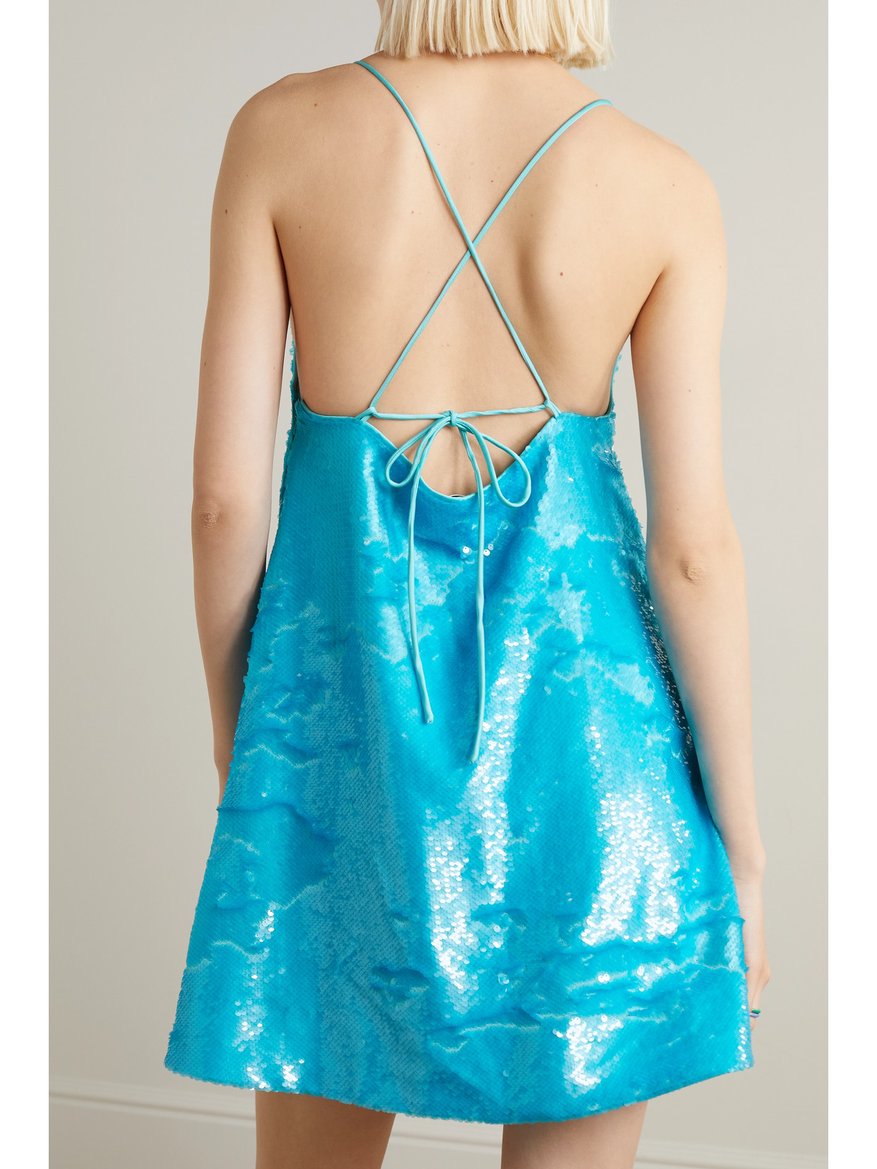 Ganni Sequined Recycled Satin Mini Dress In Blue Curacao