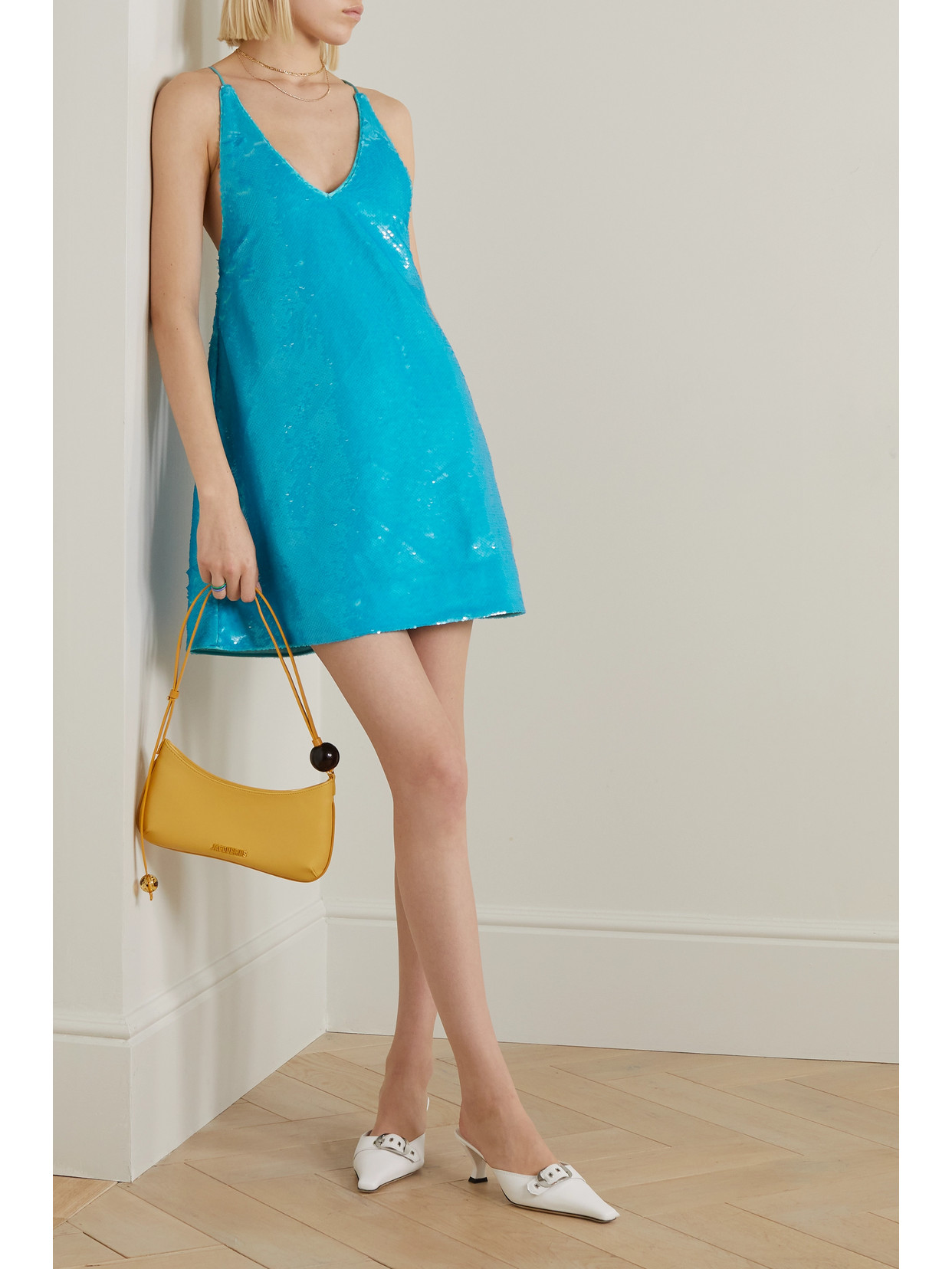 Ganni Sequined Recycled Satin Mini Dress In Blue Curacao