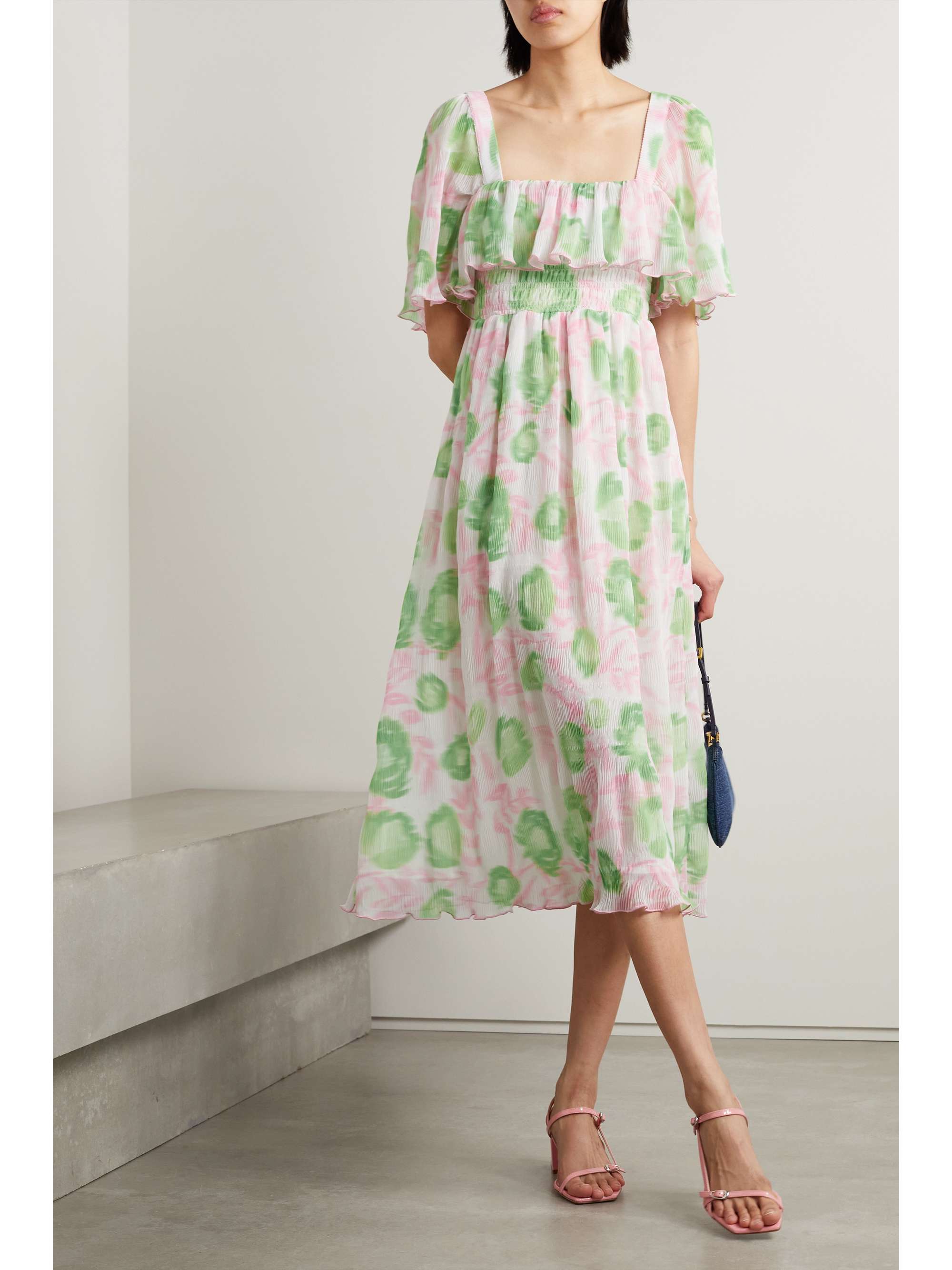 GANNI Ruffled smocked printed plissé-georgette midi dress | NET-A-PORTER
