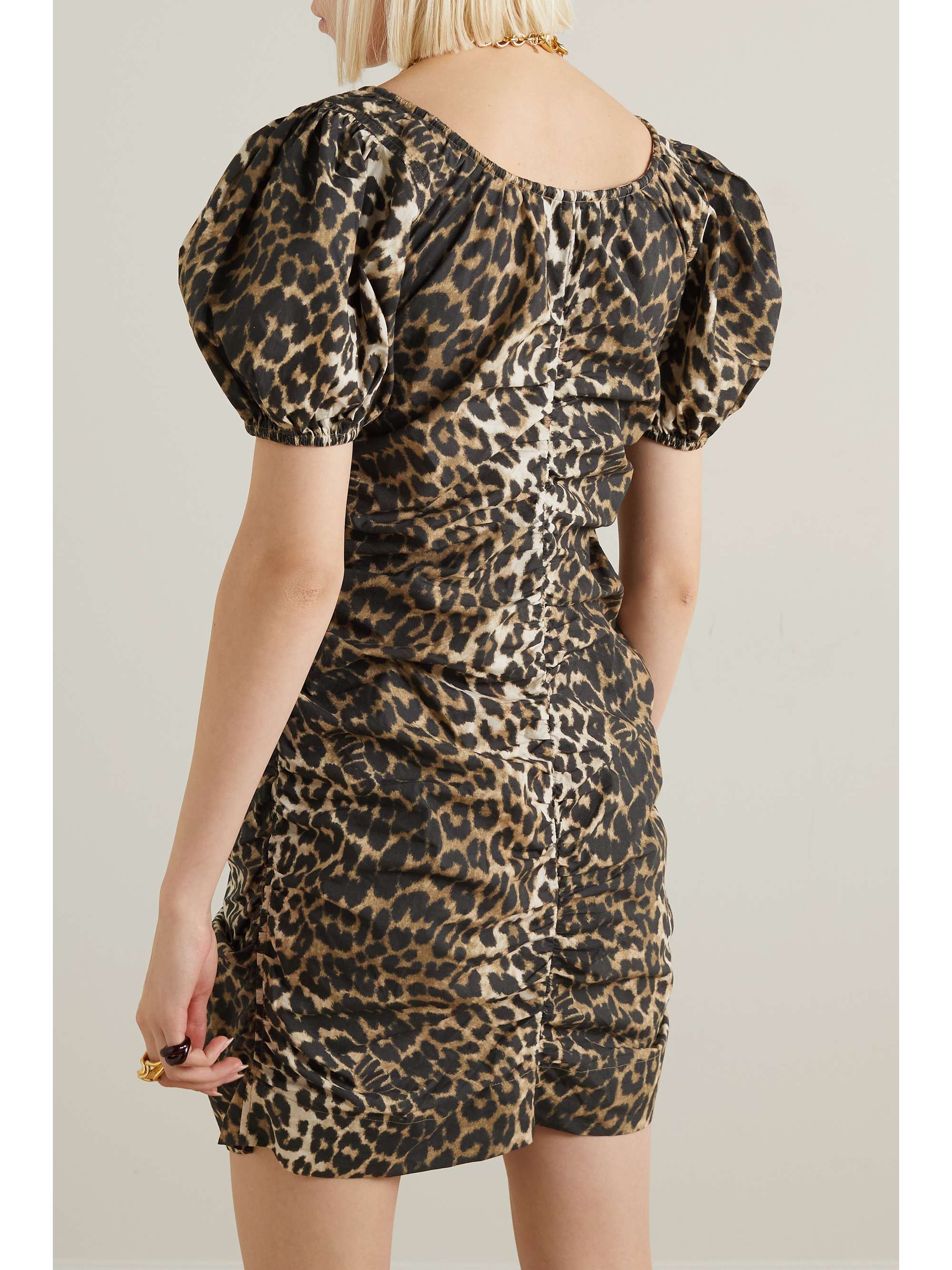 GANNI Bow-detailed ruched leopard-print cotton-poplin mini dress