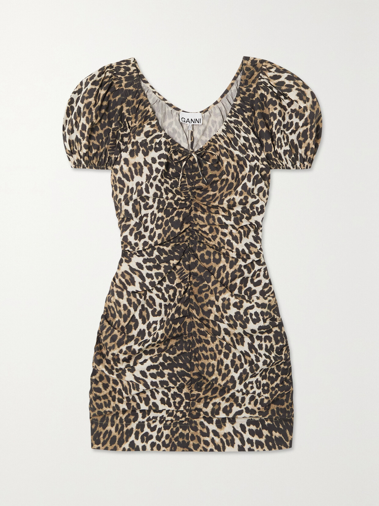 Ganni Bow-detailed Ruched Leopard-print Cotton-poplin Mini Dress In Animal Print