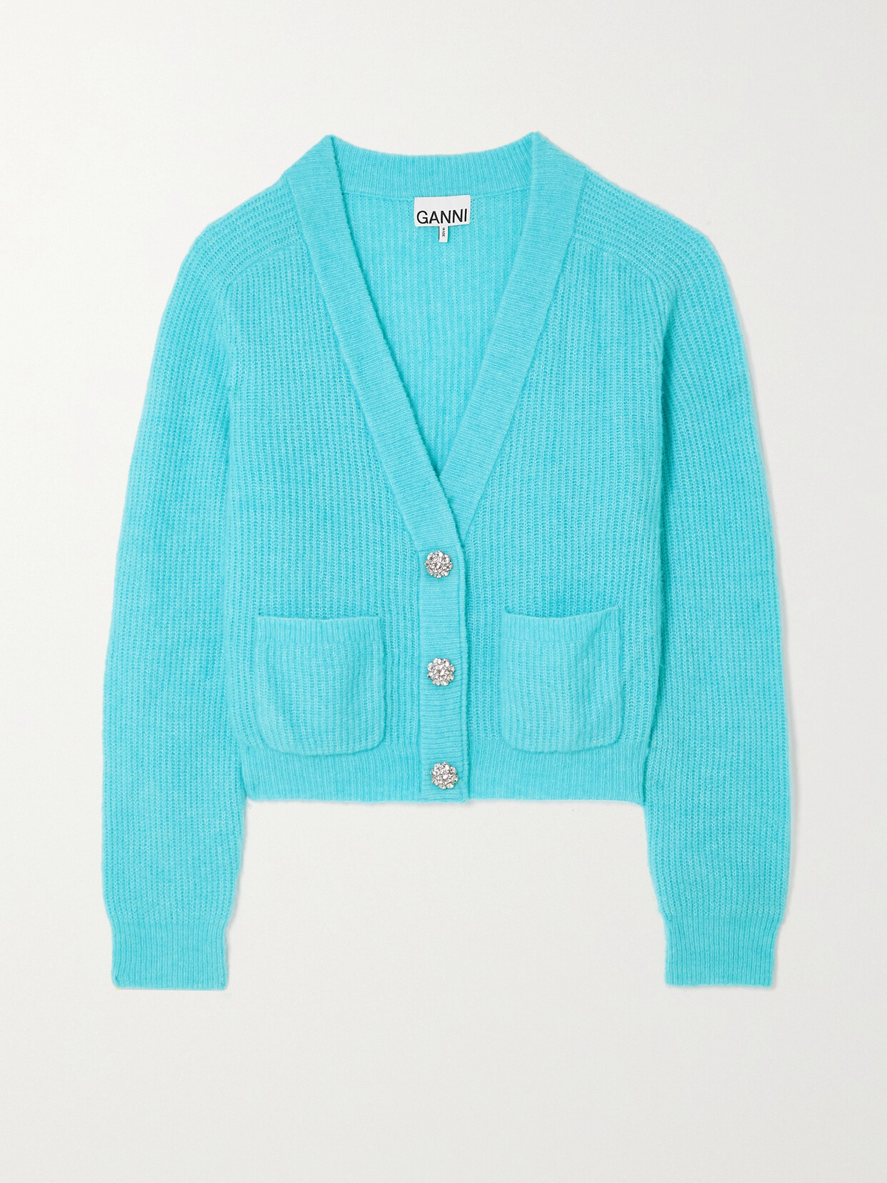 GANNI - Crystal-embellished Ribbed Alpaca And Merino Wool-blend Cardigan - Blue