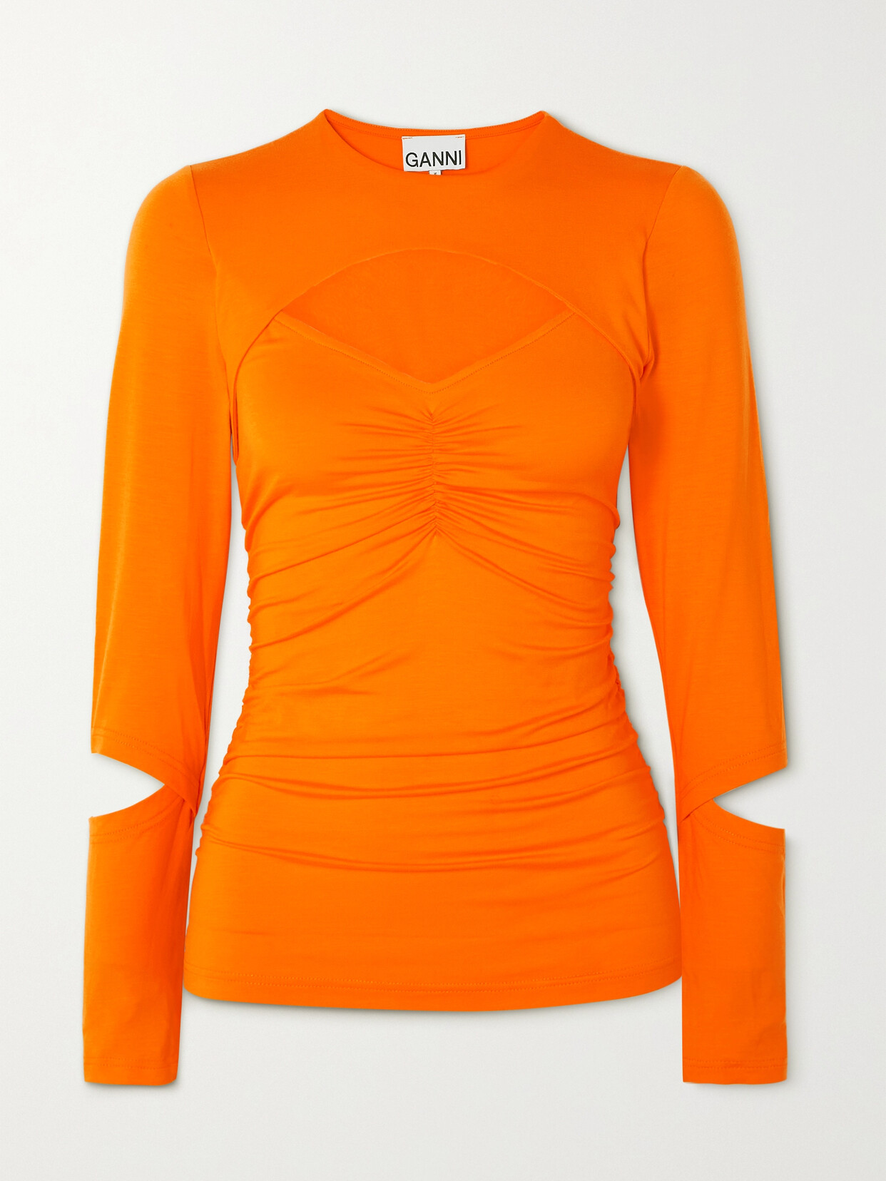 GANNI - Cutout Gathered Stretch-tencel Lyocell Jersey Top - Orange