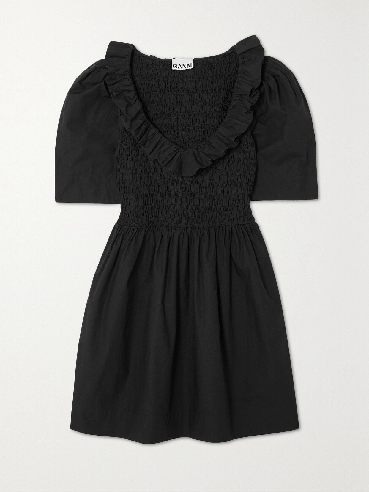 GANNI - Ruffled Smocked Cotton-poplin Mini Dress - Black