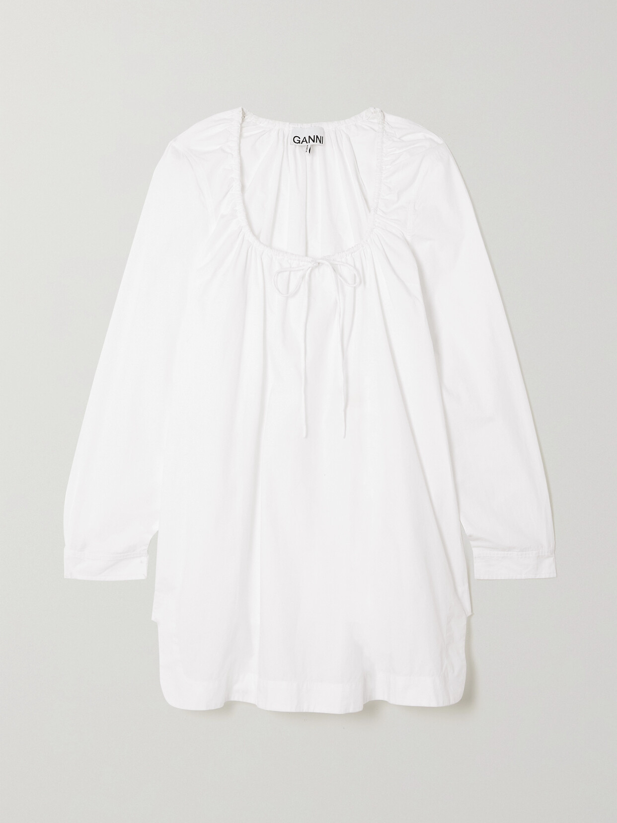 GANNI - Bow-detailed Gathered Cotton-poplin Mini Dress - White