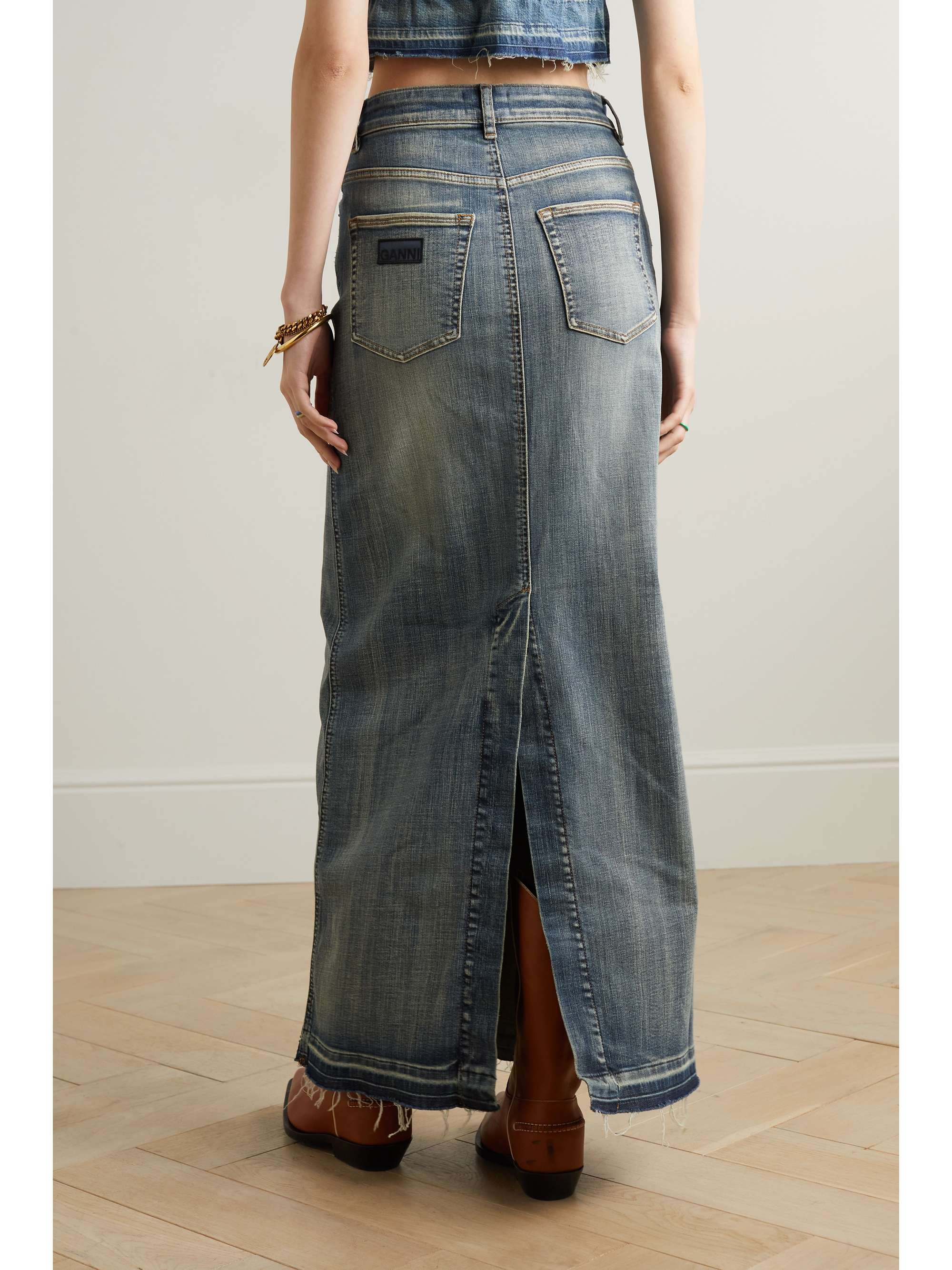 GANNI Frayed distressed organic denim maxi skirt