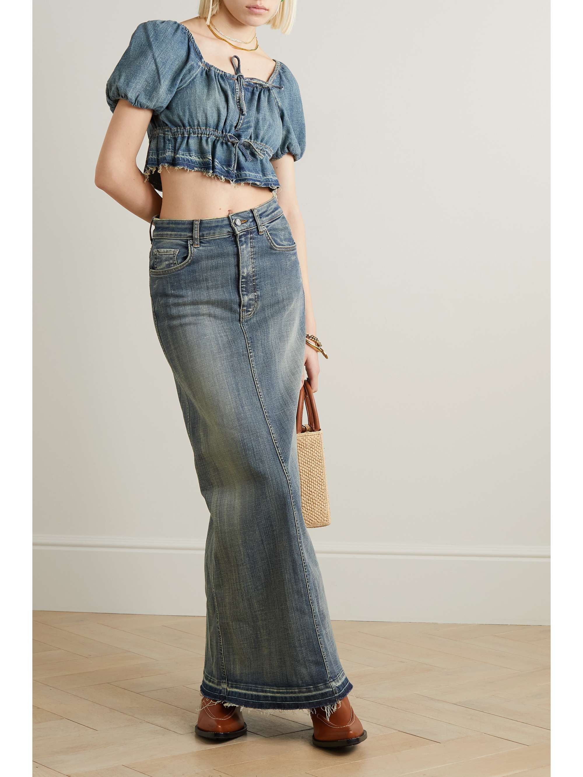 GANNI Frayed distressed organic denim maxi skirt