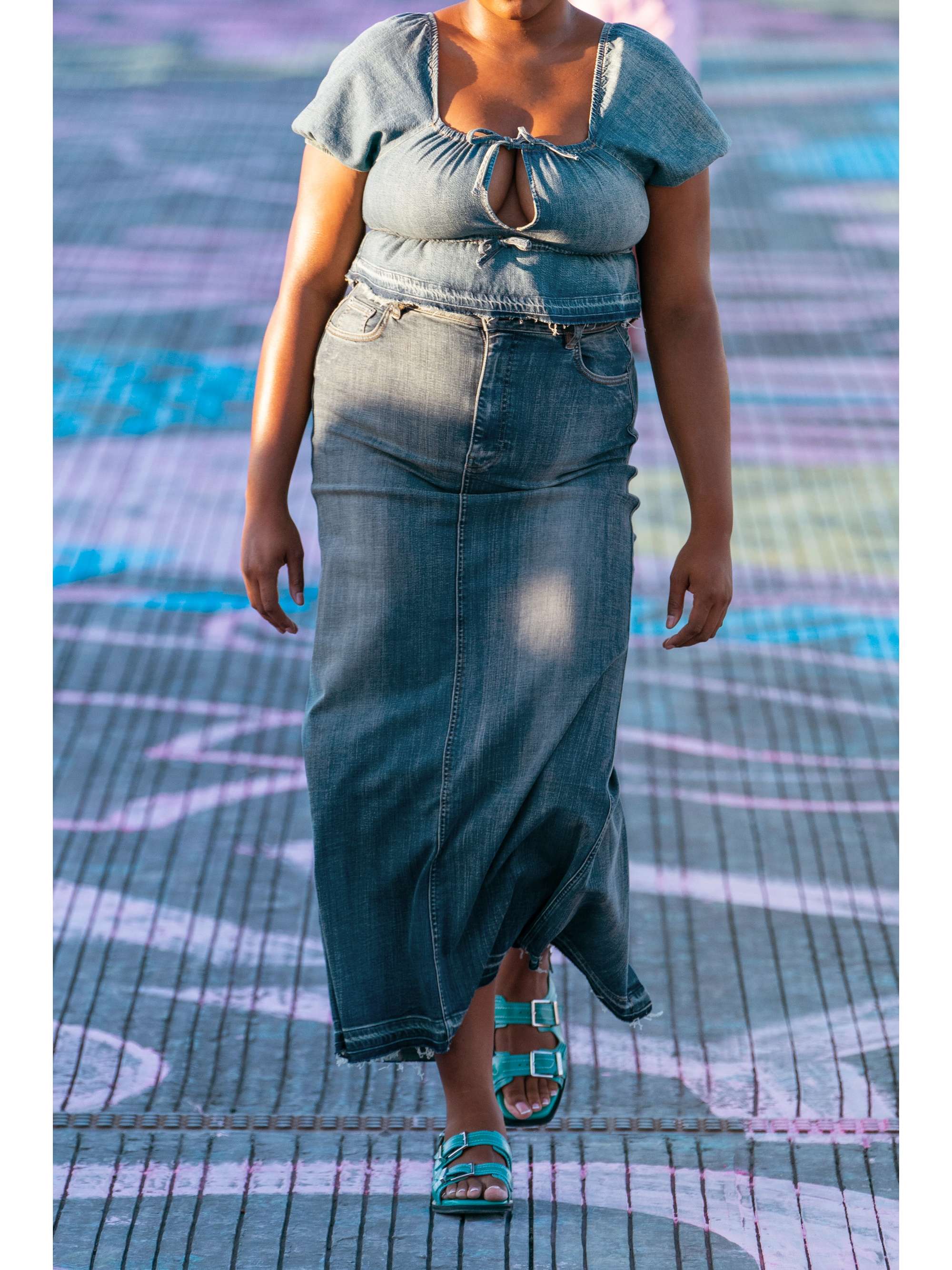 GANNI Frayed distressed organic denim maxi skirt