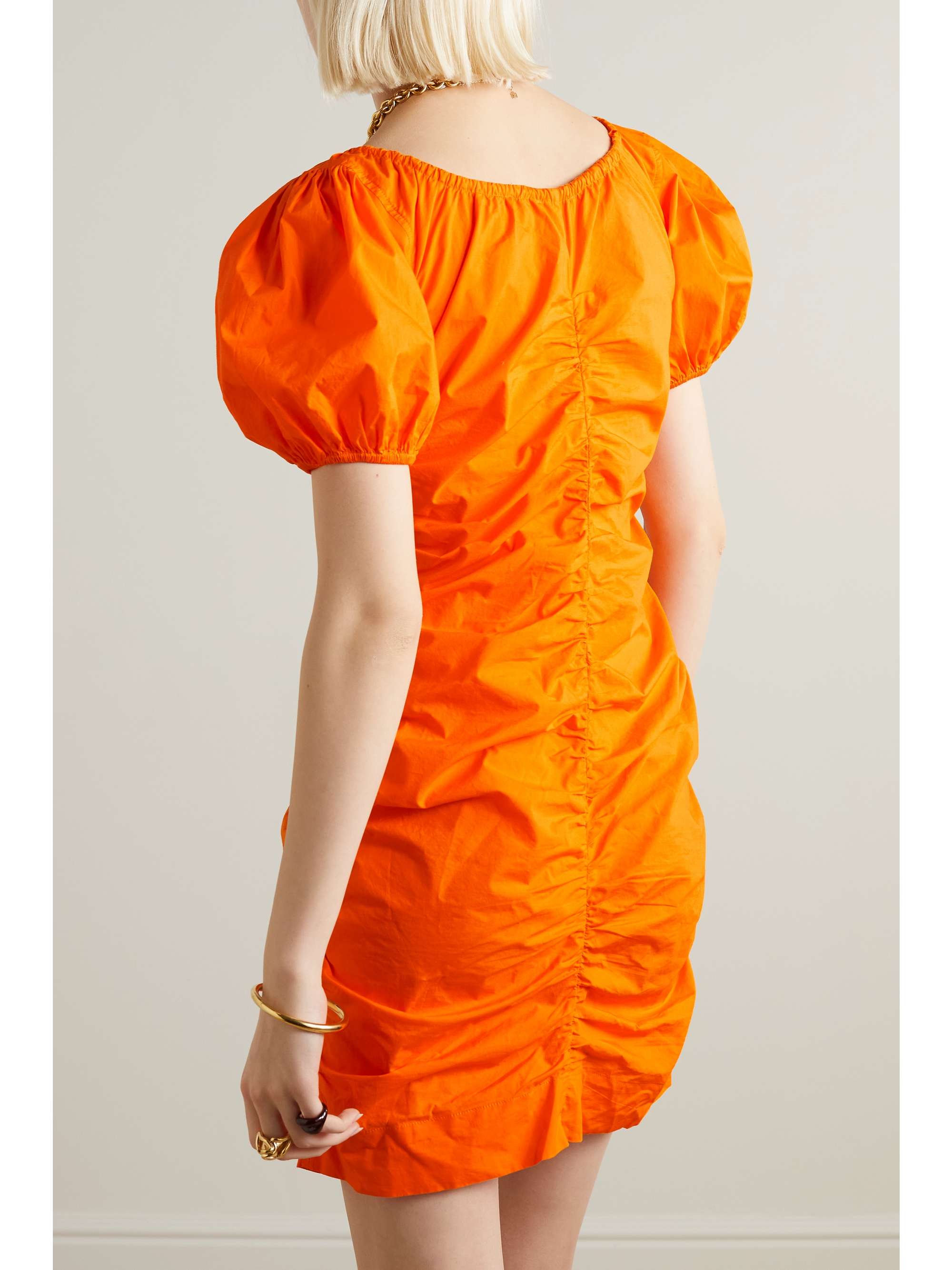 GANNI Bow-detailed ruched cotton-poplin mini dress
