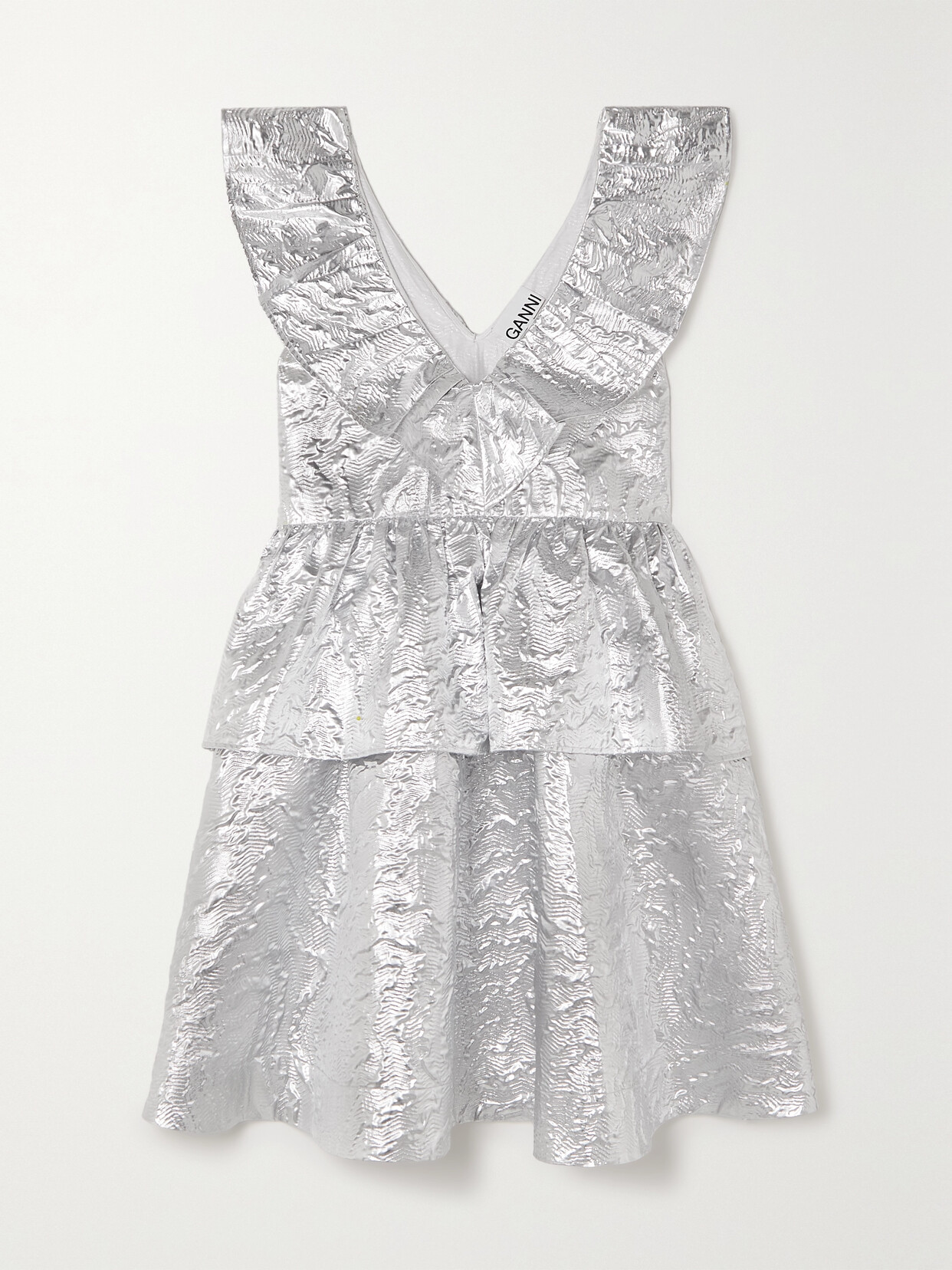 GANNI - Ruffled Metallic Cotton-blend Cloqué Mini Dress - Silver