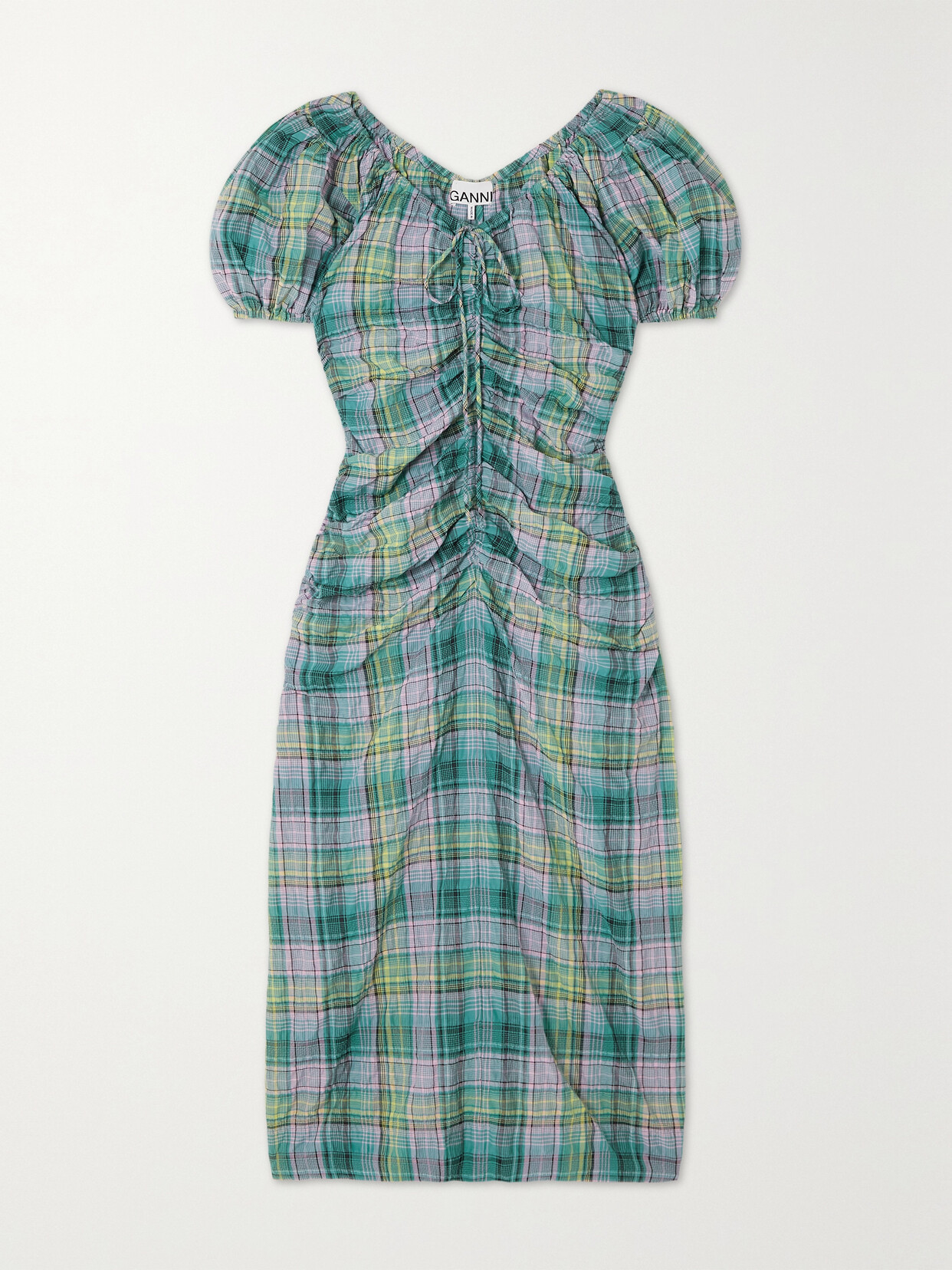 GANNI - Ruched Checked Cotton-blend Seersucker Midi Dress - Blue