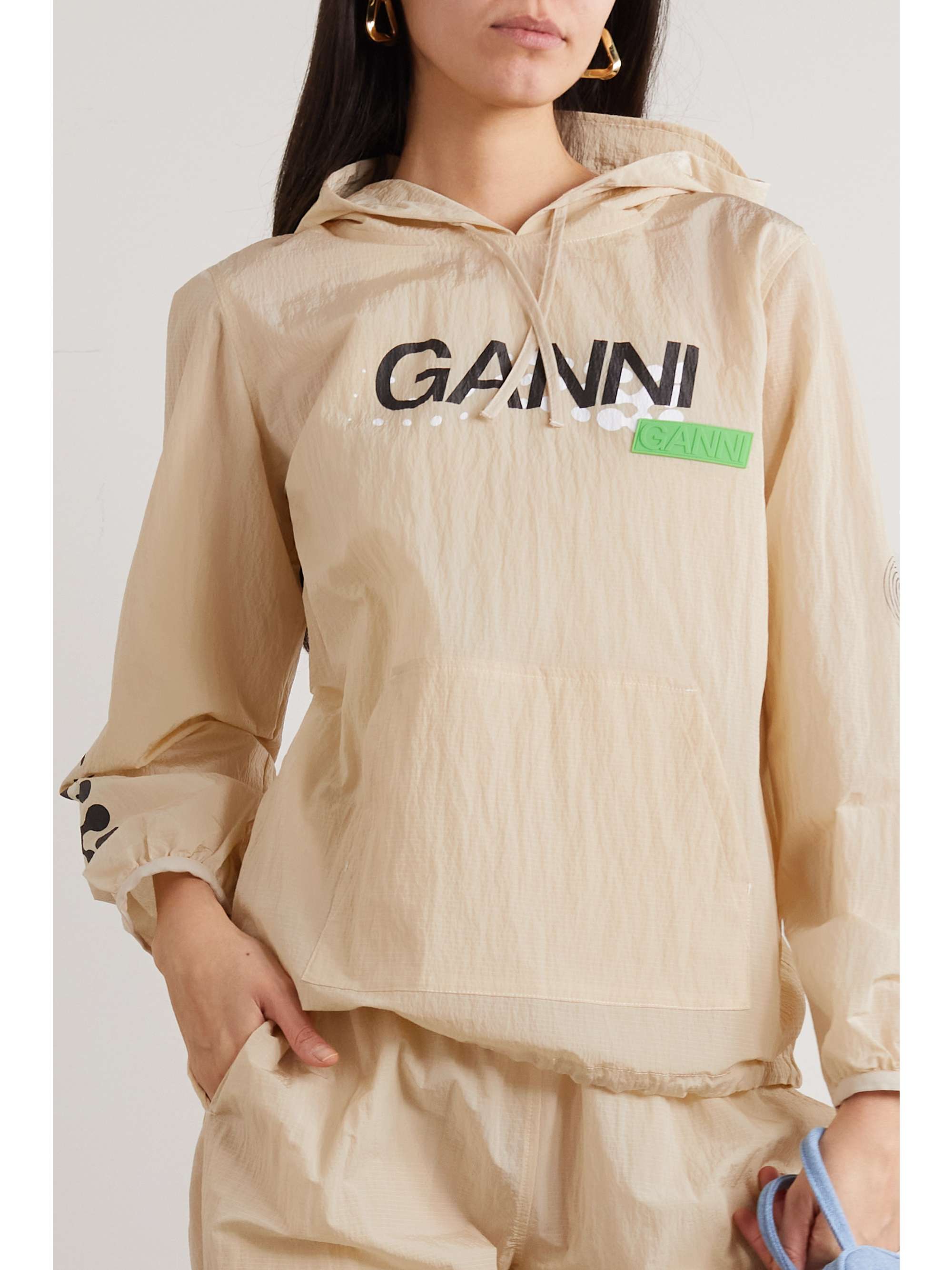 GANNI Cutout printed crinkled recycled-shell hoodie
