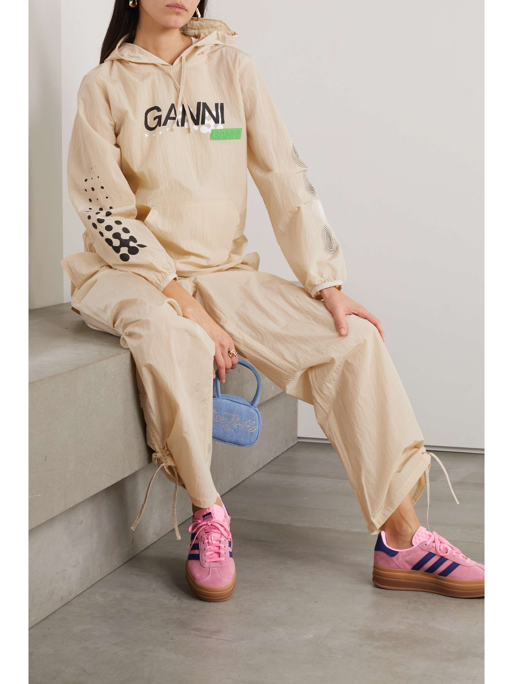 GANNI Cutout printed crinkled recycled-shell hoodie