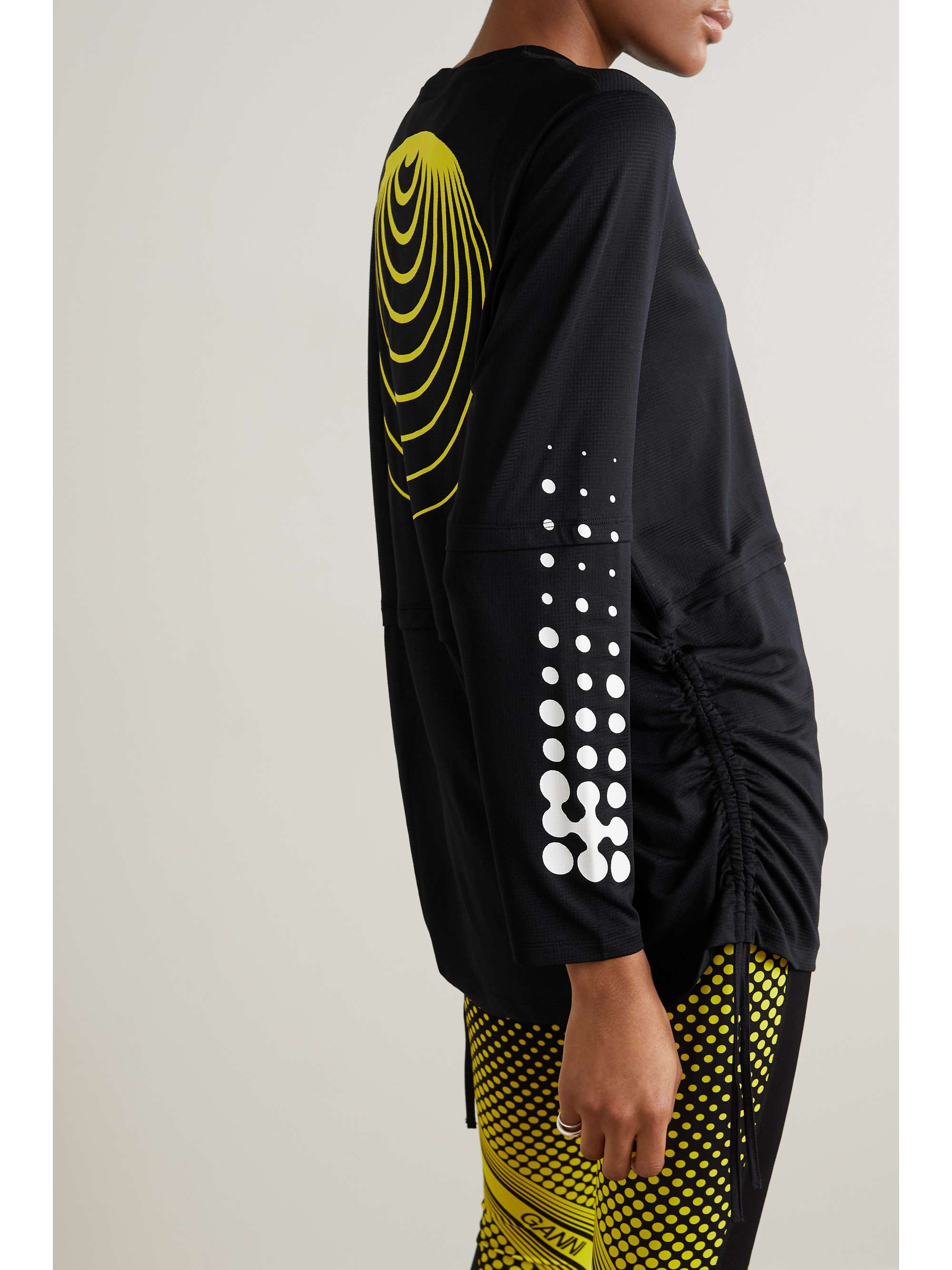 GANNI Ruched printed stretch recycled-mesh T-shirt