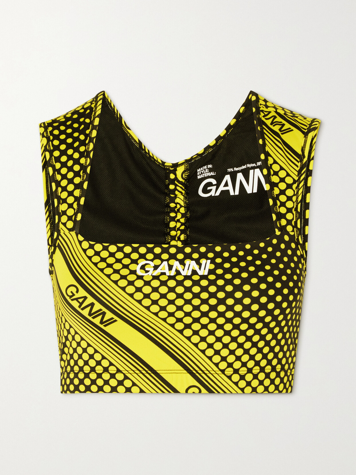 GANNI - Ruched Printed Stretch Recycled Sports Bra - Yellow